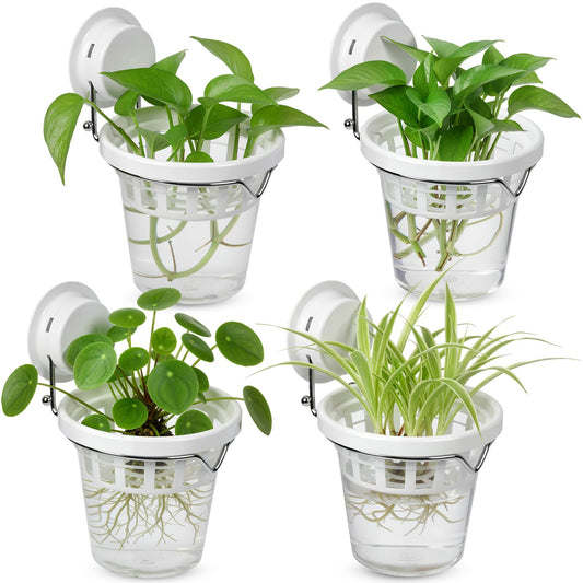 Teecyhooo 4 Set Window Propagation Stations Plastic Wall Hanging Planter with Suction Cups Clear Self Watering Window Mounted Plant Pots for Indoor Plants Bathroom Living Room Office Decor Gift