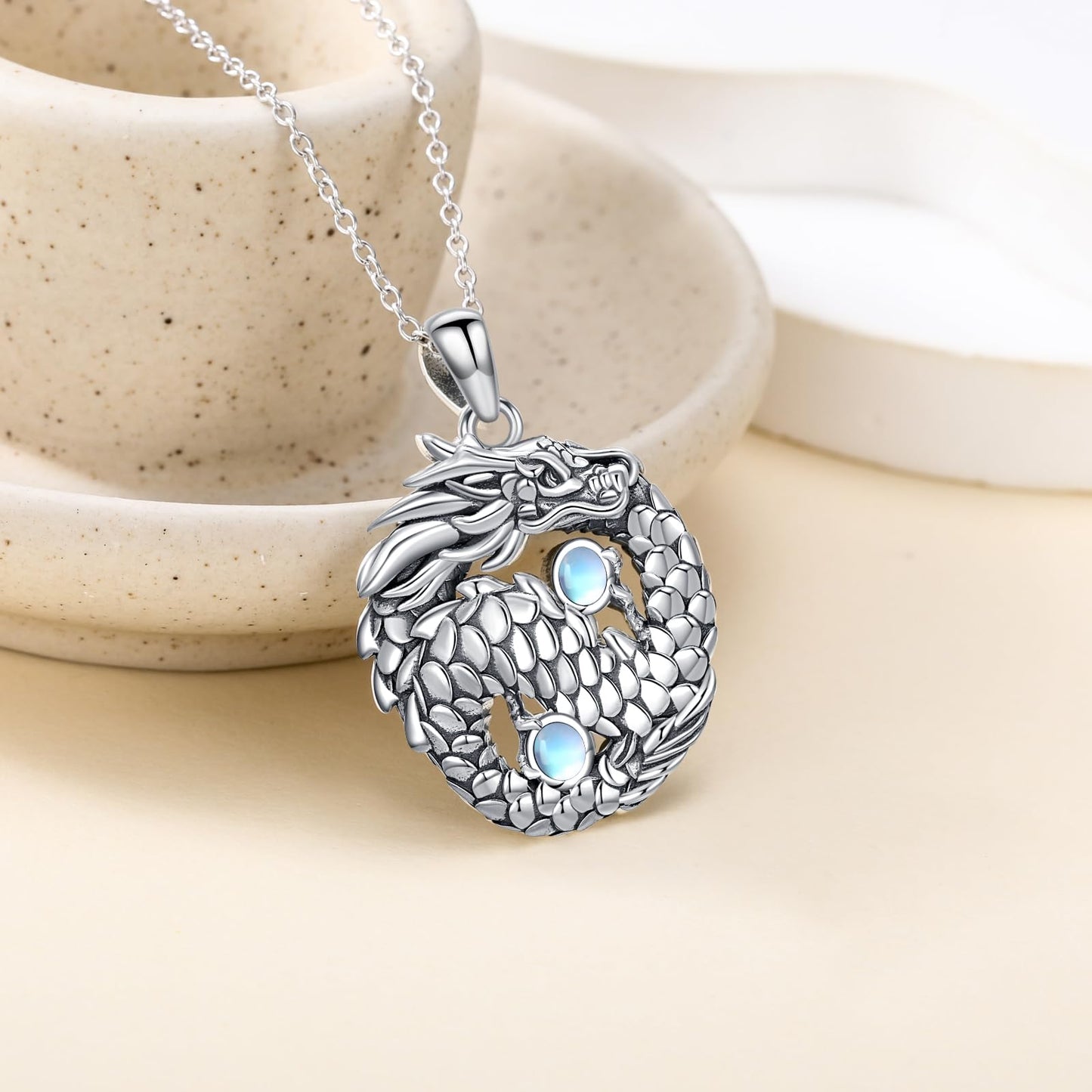 YAFEINI Dragon Necklace S925 Sterling Silver Moonstone Dragon Pendant Necklaces Dragons Jewelry Gift for Women Mom Wife