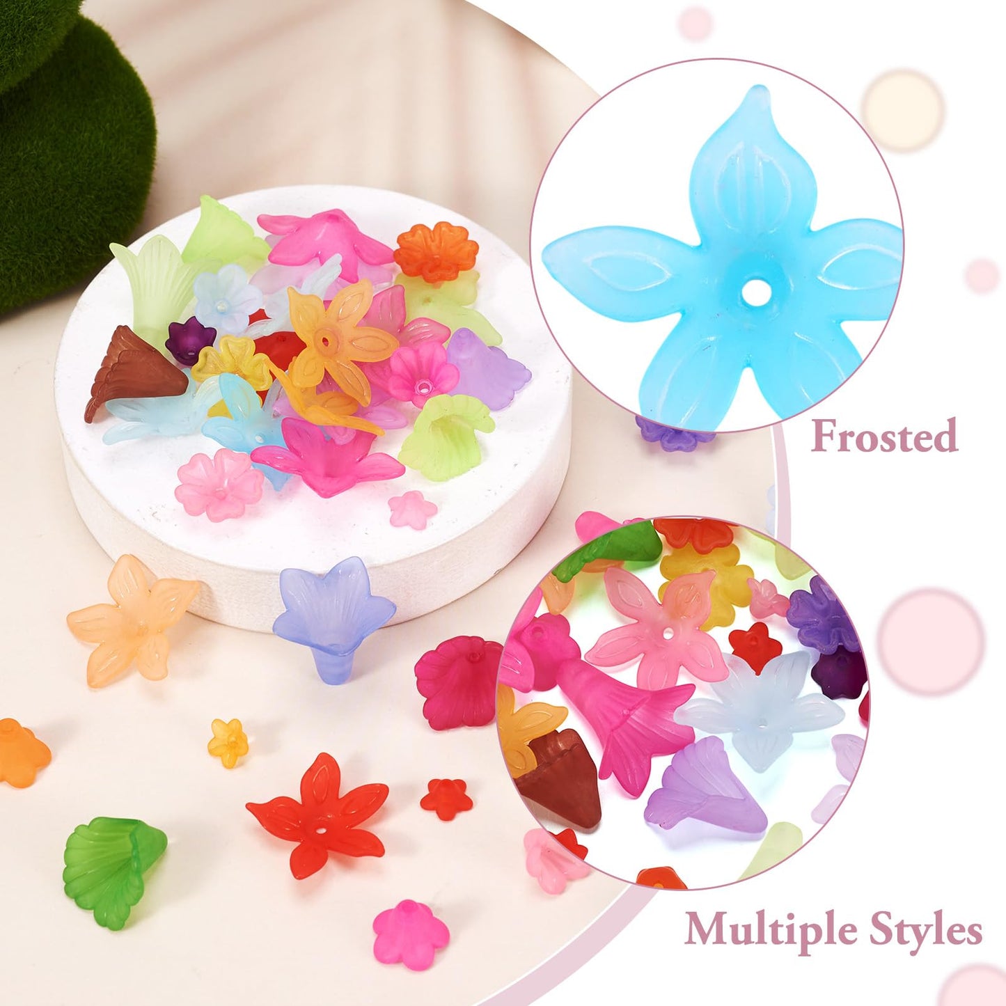 Pandahall 400pcs Mixed Acrylic Flower Beads Caps 8 Style Colorful Frosted Floral Spacer Loose Beads Lucite Beads Flower for Jewelry Making DIY Craft