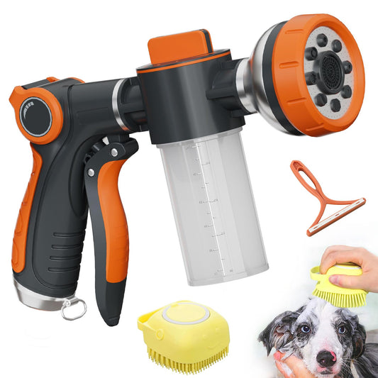 Hongmai Garden Hose Nozzle,8 Patterns Hose Sprayer High Pressure,Heavy Duty Dog Wash,Metal Water Hose Nozzle with Soap Dispenser,Car Wash Foam Gun With Pets Things