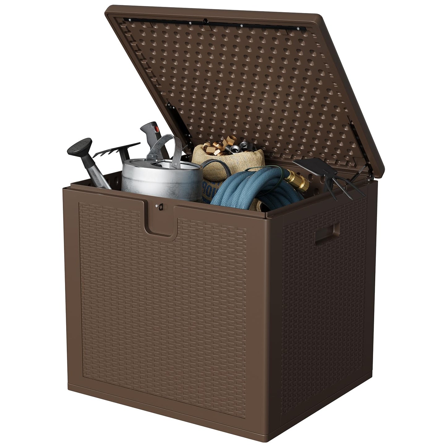 GarveeLife 80 Gallon Outdoor Storage Box, Large Resin Deck Box with Hydraulic Air Rod, Weatherproof & Lockable Outdoor Storage Bin for Patio Cushions, Garden Tools, Pool Supplies, Porch, Brown