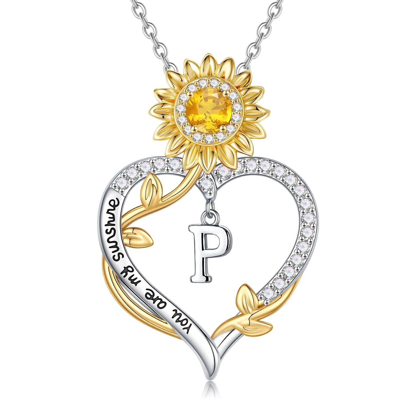 MONOOC Sunflower Gifts for Women - 14K-White-Gold-Plated Sunflower Initial Necklaces for Woman Heart Initial Letter P Necklace, Anniversary Birthday Gifts for Women Jewelry Wife Mom Gift