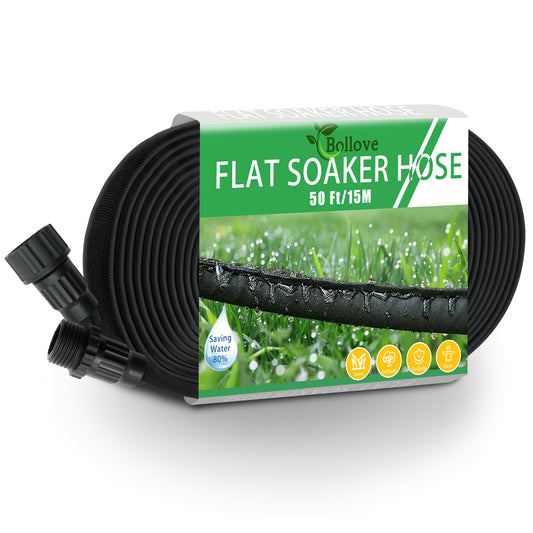 Soaker Hose 50FT, Heavy Duty Double Layer Design Flat Garden Soaker Hose, Saves 80% Water & Leak-free Design Water Hose with Holes For Garden, Lawn, Flower Bed, Vegetable Field