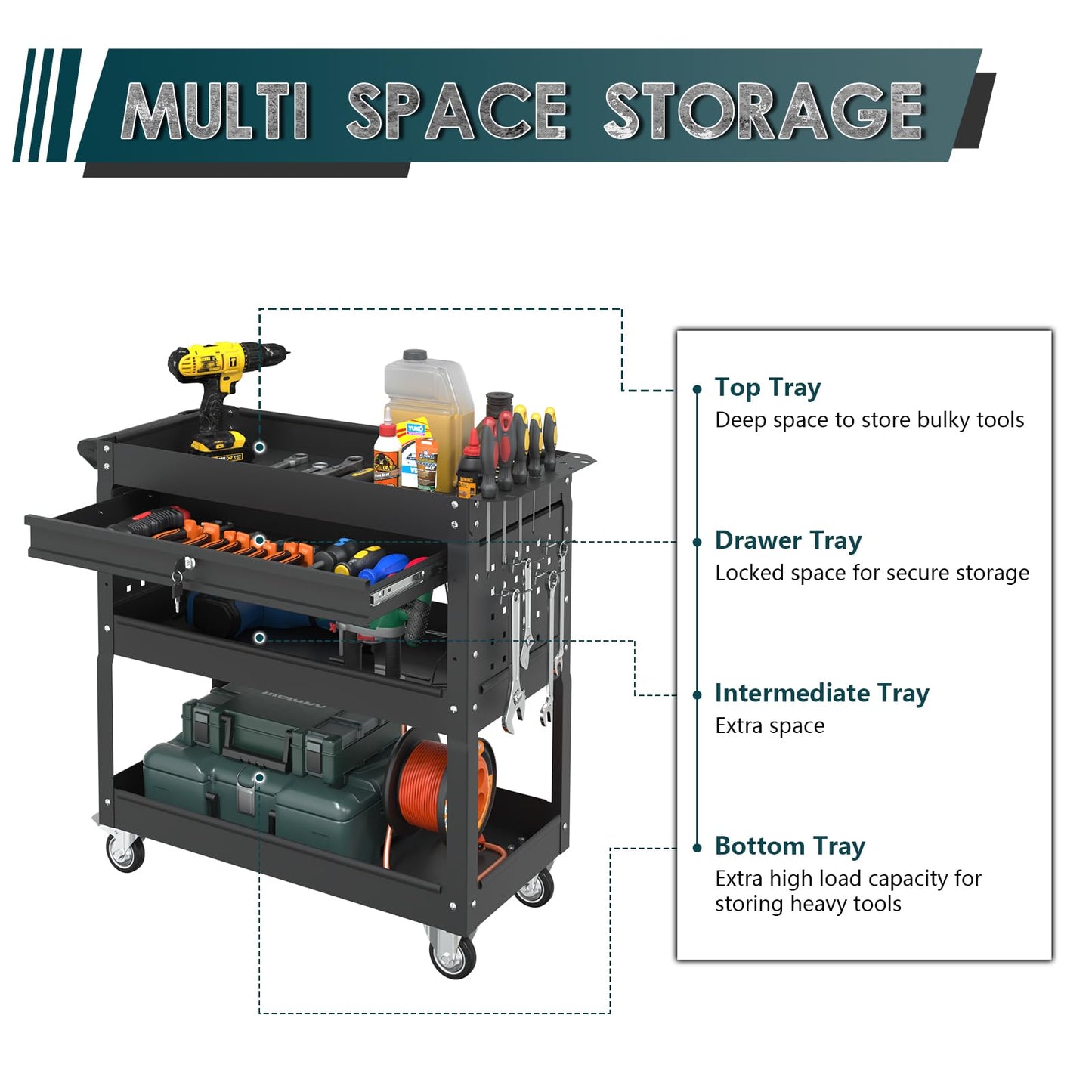 3 Tier Rolling Tool Cart on Wheels with Locking Drawer - Metal Service Cart Industrial Utility Cart for Mechanic - 350 LBS Mobile Storage Organizer for Garage, (Black)