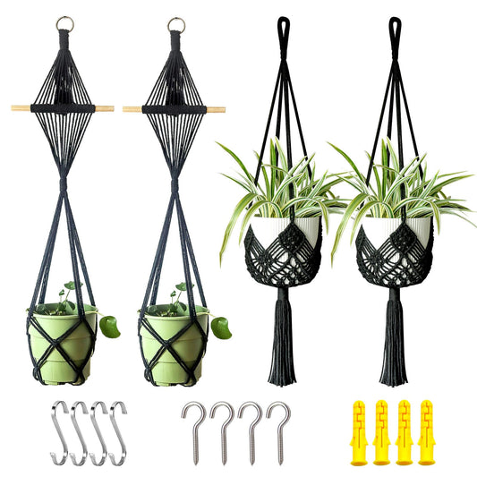 XINBOR 4 Pack Macrame Plant Hangers Indoor Up to 10 inch Pot, Boho Hanging Planters, Plant Holder with 8Pcs Stainless Steel Hooks(4Pcs Black Hanger)