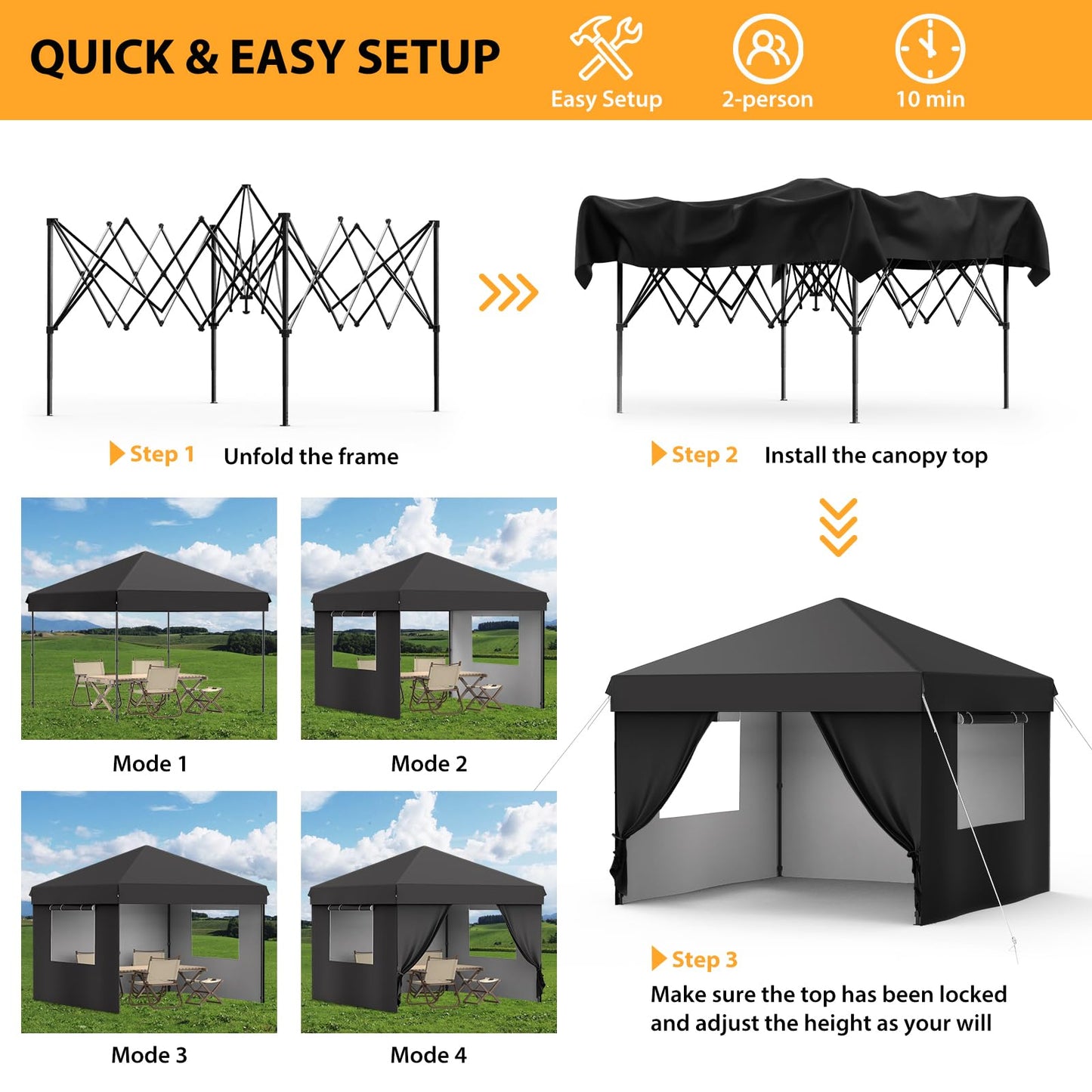10X10 Pop Up Canopy Tent with 4 Sidewalls, Heavy Duty Commercial Instant Shelter, One-Person Quick Setup Outdoor Party Tent, Water-Resistant & Portable for Outdoor Events, Camping, Black