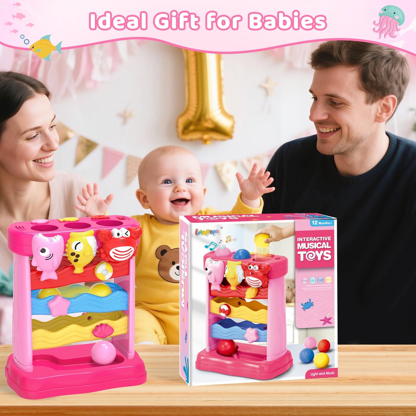 Musical Toys for 1 2 3 Years Old Toddlers Girls, Interactive Feeding Toy with Music & Balls, Montessori Education Toys for Baby 12-18 Months, Christmas Birthday Gifts for Aged 1-3 Year Toddler