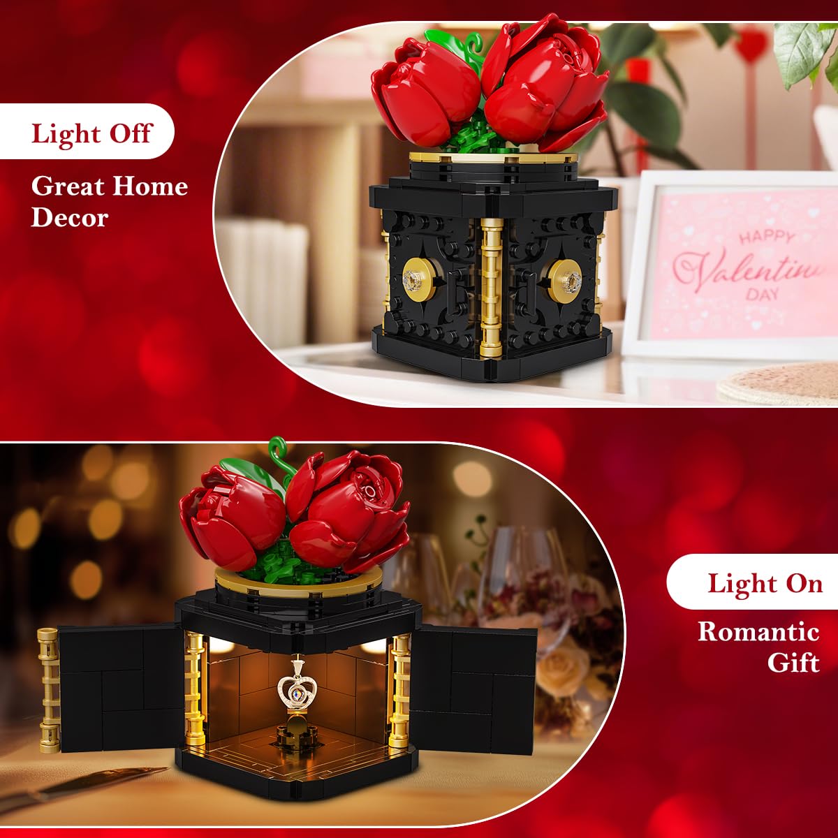 HOGOKIDS Flowers Box Building Set with LED & Necklace, for Mom/Wife, 312PCS Preserved Rose with Heart Necklace for Adults Women on Birthday Anniversary, I Love You in 100 Languages