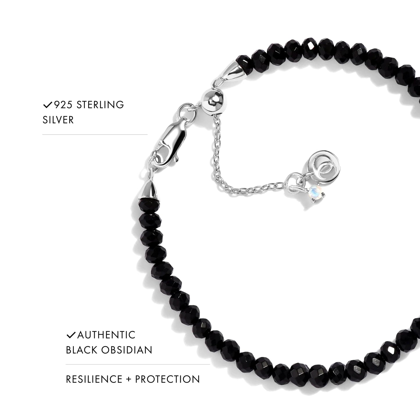 Moon Magic Moonstone Bracelet for Women | Black Obsidian, Rose Quartz Bracelet/Real 925 Sterling Silver | 18k Rose & Yellow Gold Rainbow Genuine Moonstone Jewelry for women | June Birthstone Bracelet