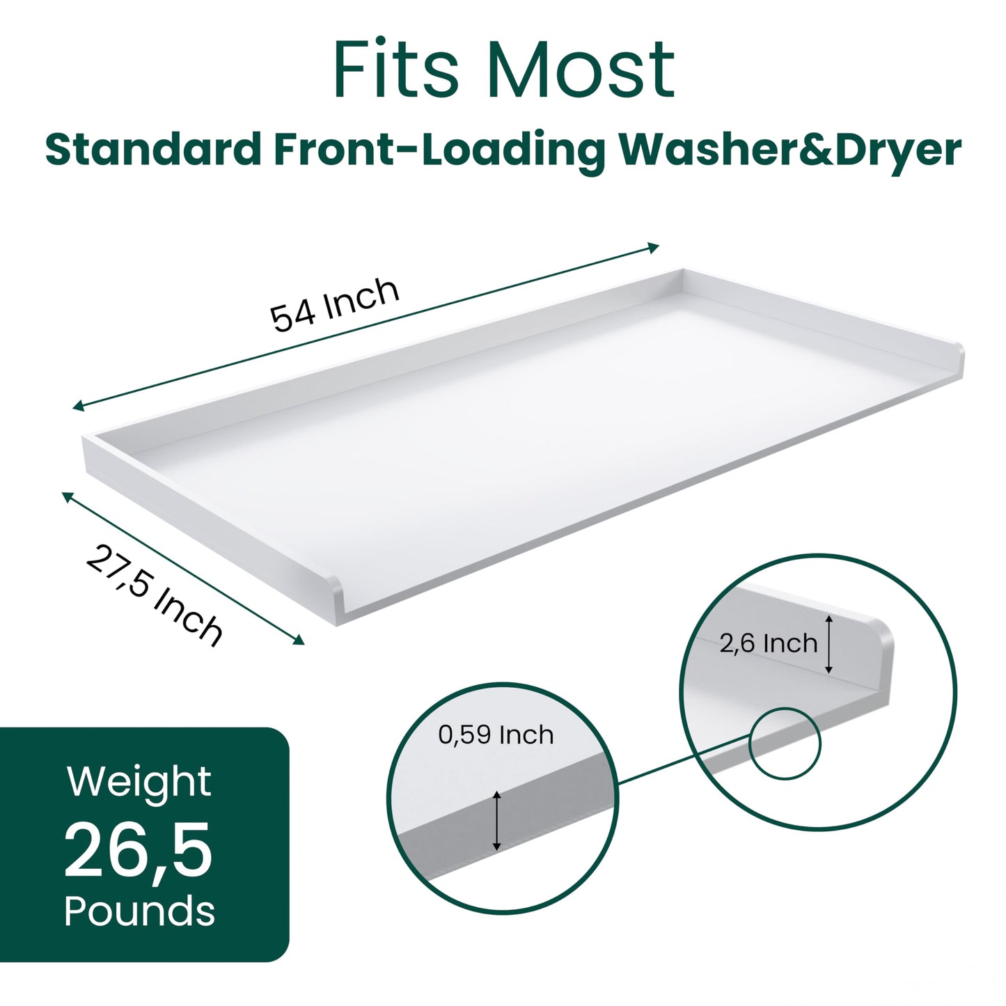 NORTH BLOOM Premium Washer Dryer Countertop 54" W x 27.5" D x 3.1" H, One Piece Solid Board Laundry Room Topper with Edge Rails, Washing Machine Top, Painted Finish, Anti-Slip Feet (White Color)