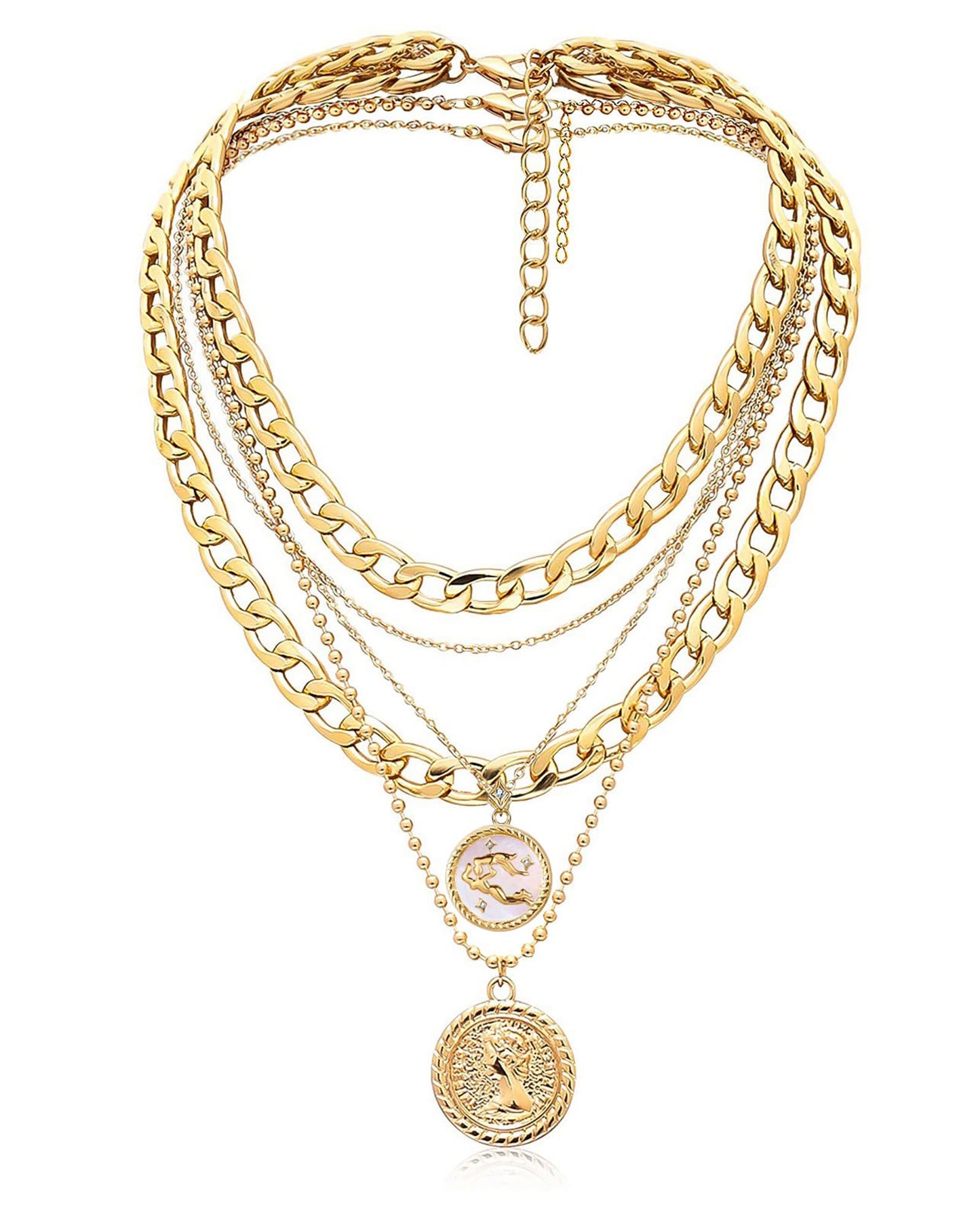 MJartoria Gold Layered Necklaces for Women Trendy Retro Coin Pendant Necklace Dainty Chunky Chain Choker Necklaces for Jewelry Birthday Gifts (Gold, Zodiac-Aquarius-3PCS Layered)