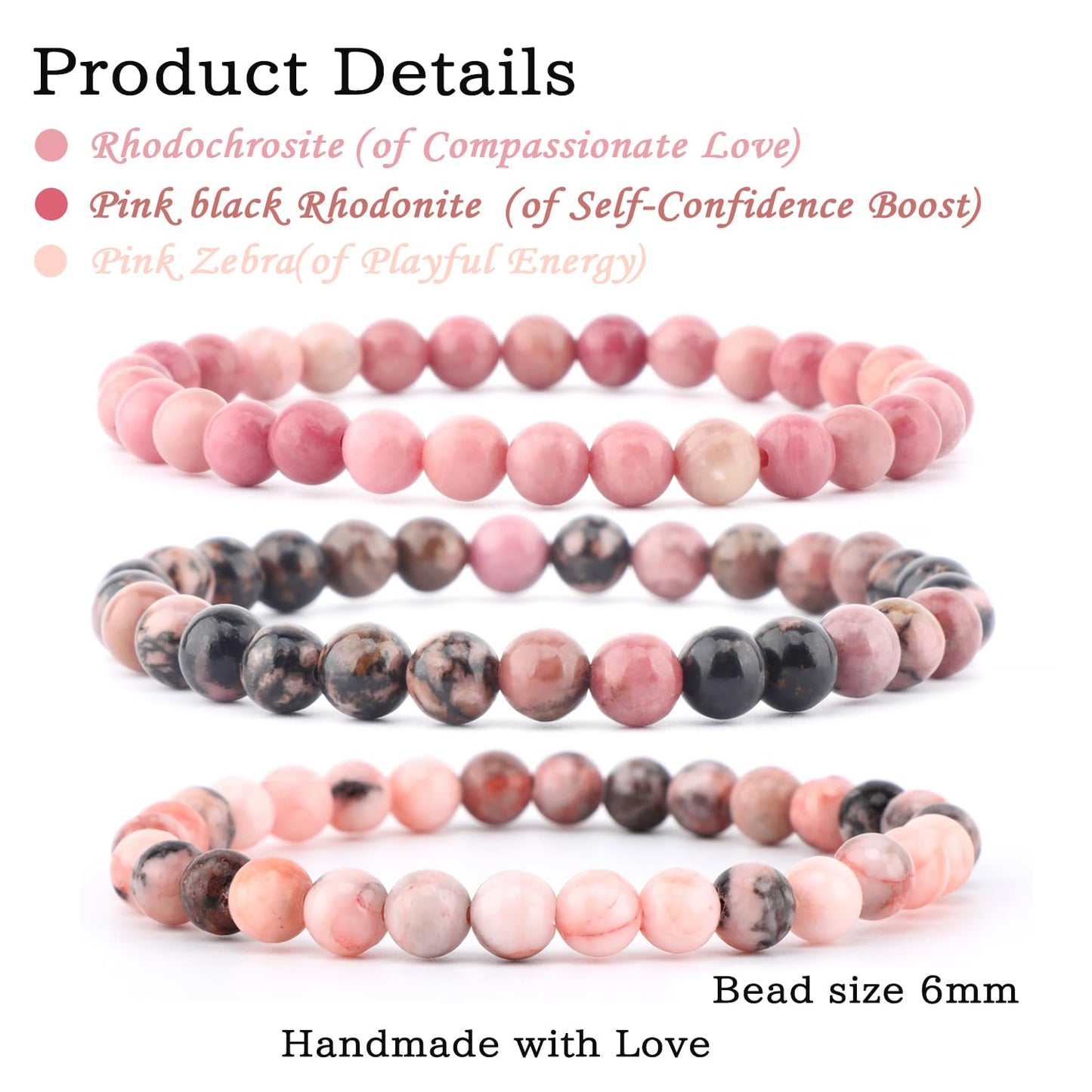 CMBYN 3-Pieces 6mm Natural Crystal Gemstone – ﻿Rhodochrosite, Pink Zebra, Pink Black Rhodonite Handmade Reiki Energy Healing Stretch Bracelets Jewelry for Yoga, Meditation, Unisex