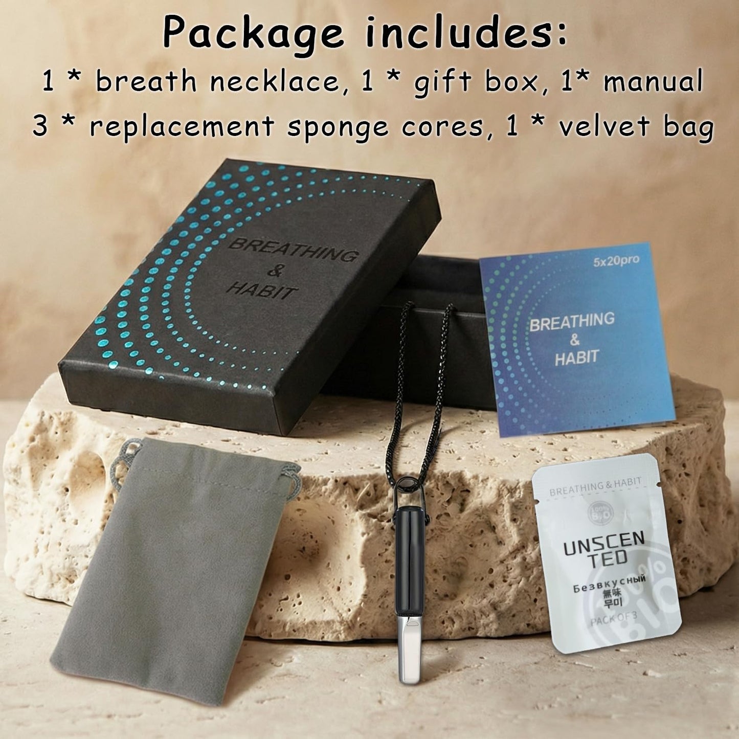Breathing Necklace to Quit Smoking, Stainless Steel Smokeless Inhaler, Deep Breathing Aid, 3 Unscented Sponge Cores, Portable Velvet Bag, for Yoga, Office, Study, Meditation(Silver)