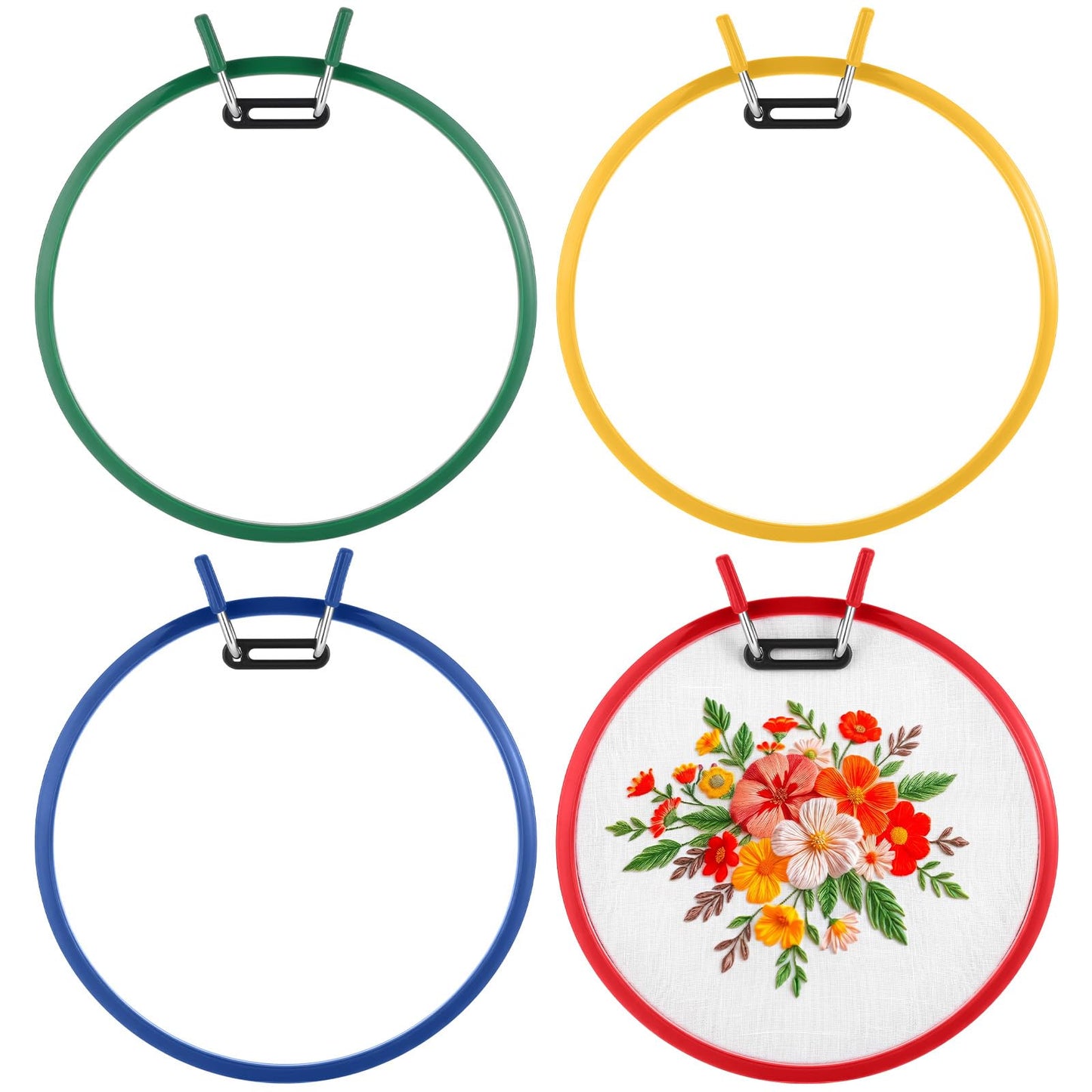 ElaraBerry 4 Pcs 7.7" Metal Spring Tension Embroidery Hoops Red Yellow Blue Green No-Slip Cross Stitch Hoop Circle Round Embroidery Tension Shed for Cross Stitch Needlework Sewing Craft Projects