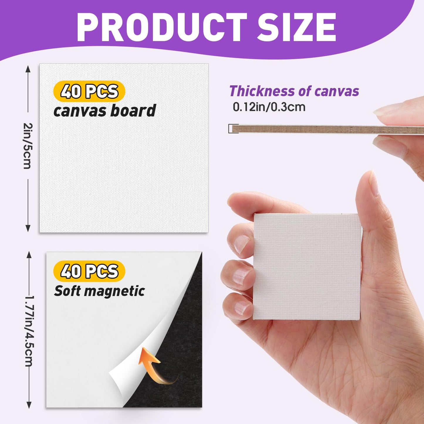 ESRICH 40 Pack 2x2IN Mini Magnetic Canvas Panels, Small Canvases for Painting for Oil, Watercolor, Acrylic Painting & DIY Crafts with 40PCS 2x2IN Square Flat Canvas Boards, 40PCS Soft Magnets