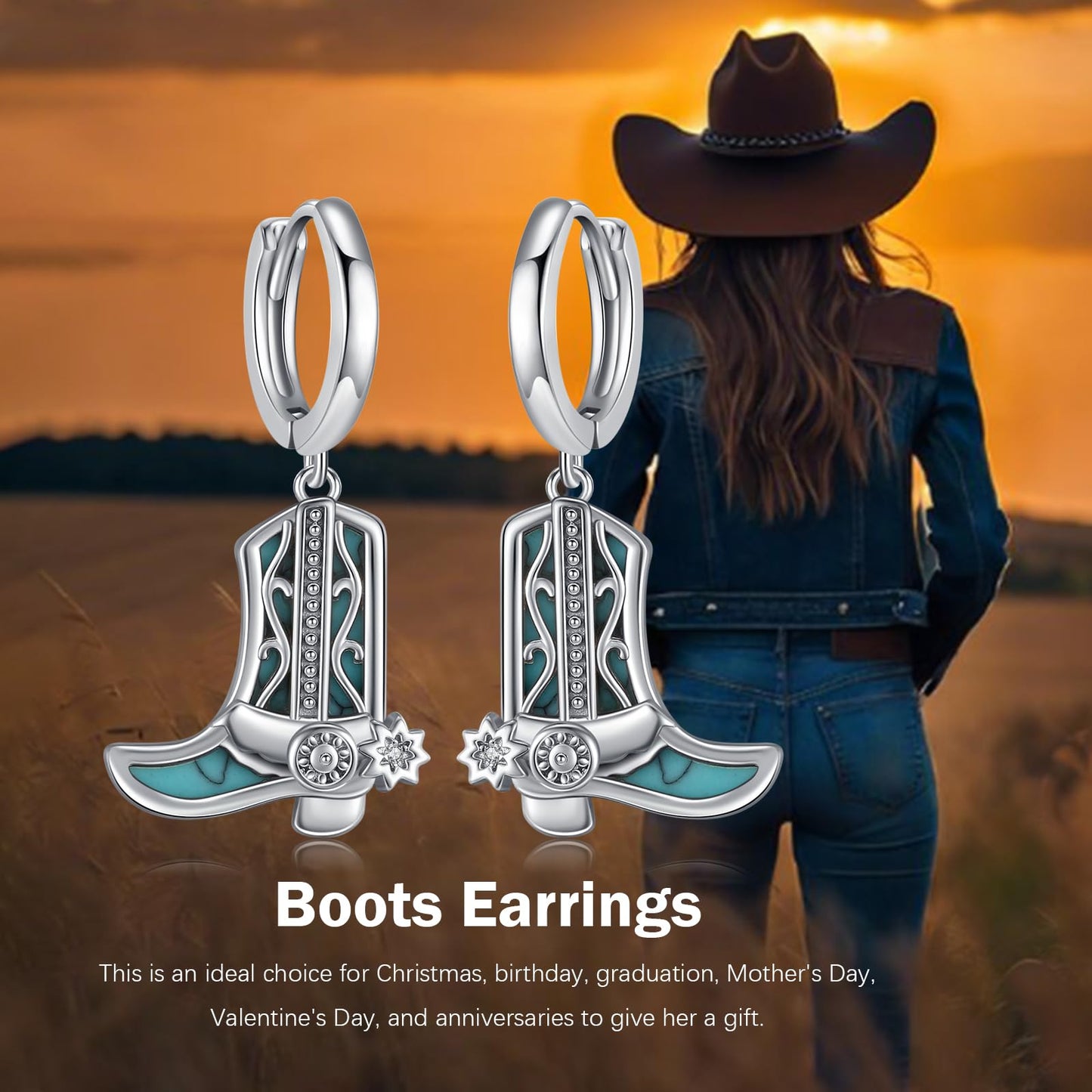 KoyeKei Cowgirl Boot Hoop Earrings Country 925 Sterling Silver Turquoise Western Cowboy Texas Boot Dangle Drop Earrings Country Jewelry Gifts for Mom Women