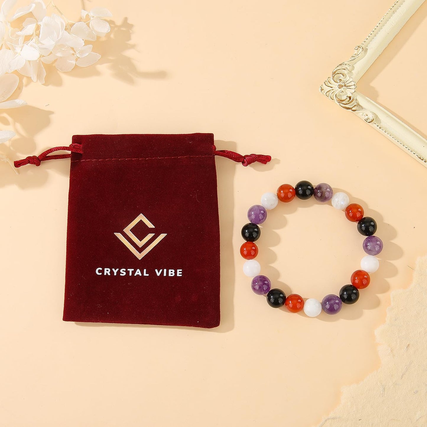 Crystal Vibe Protection & Energy Crystal Bracelet - 10mm Beaded Bracelets for Men Women With Stones of Amethyst, Black obsidian, Carnelian, Moonstone - Elastic Adjustable Size