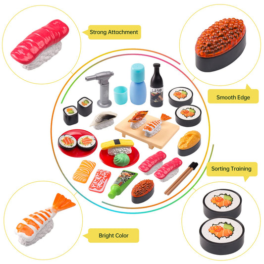 Funpynani Sushi Slicing Play Food Set, 34Pcs, 3+ Ages LED Light with Color Changing Pretend Food Toys Accessories with Velcro for Kids, Play Kitchen for Toddlers, Learning Gift for Girls Boys