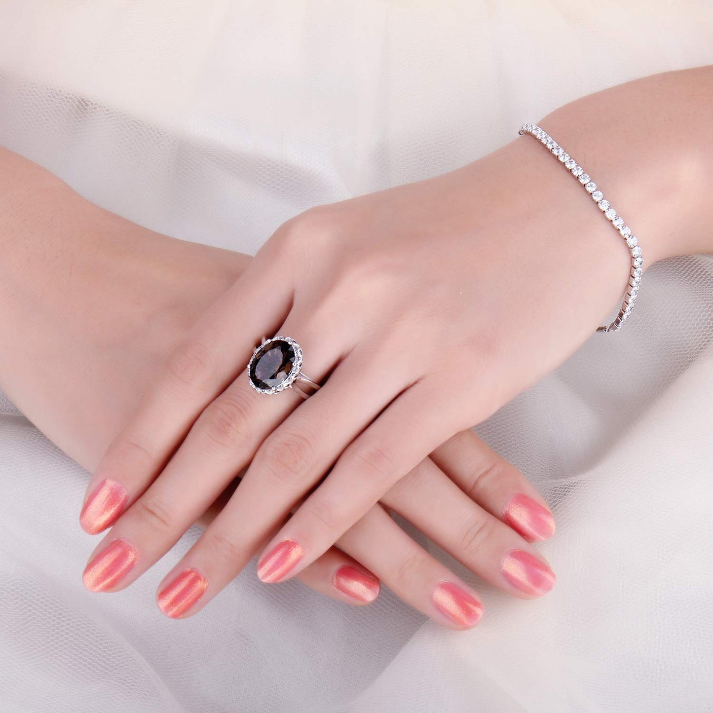 JewelryPalace Huge Oval Shape 5.7ct Genuine Smoky Quartz Cocktail Rings for Her, 14K White Gold Plated 925 Sterling Silver Ring for Women, Natural Gemstone Jewelry Sets Rings 6
