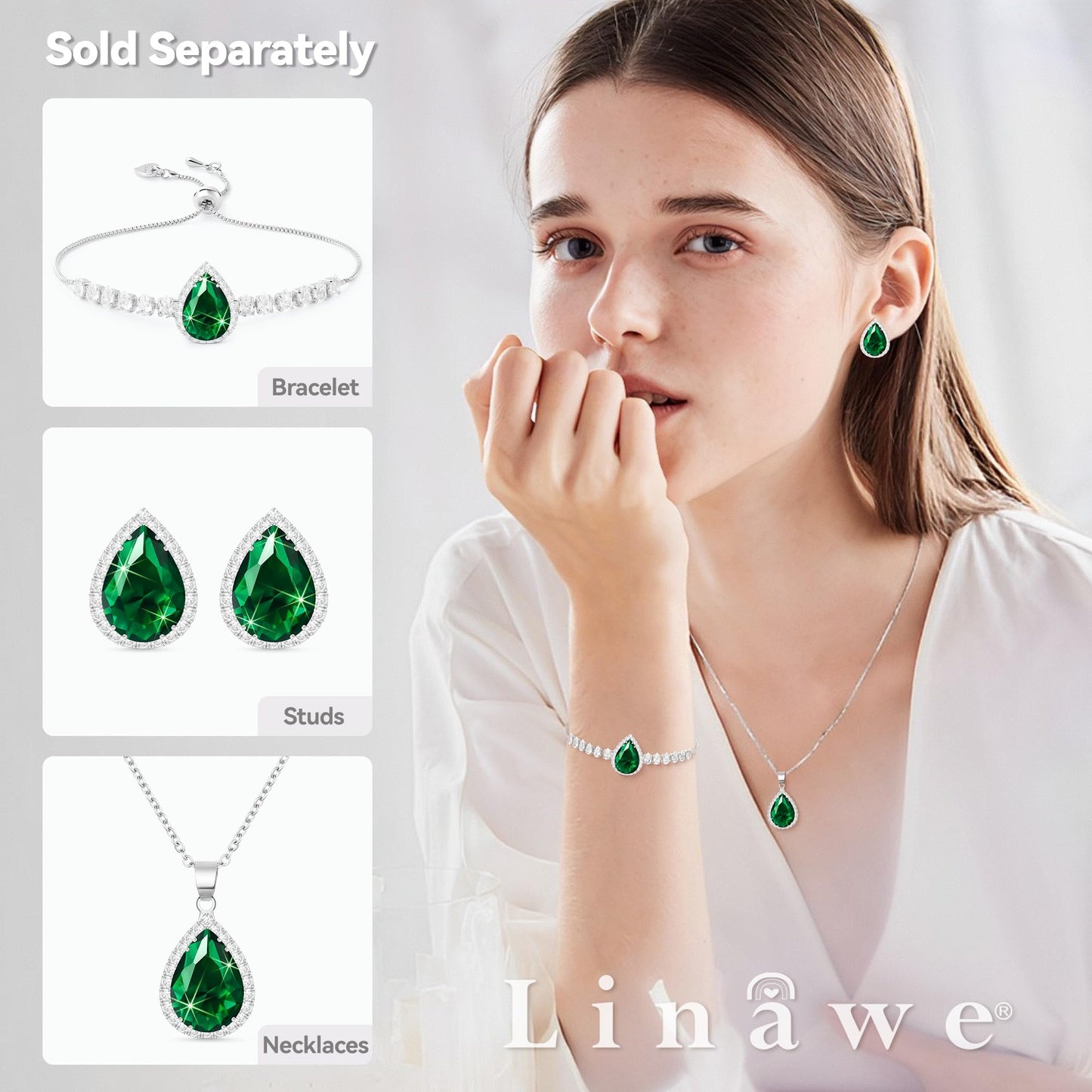 Linawe Emerald Green Crystal Silver Necklace for Women Trendy, Imitation Diamond Pendant Chain Necklace, Cubic Zirconia Birthstone Rhinestone Teardrop Boho Jewelry Set