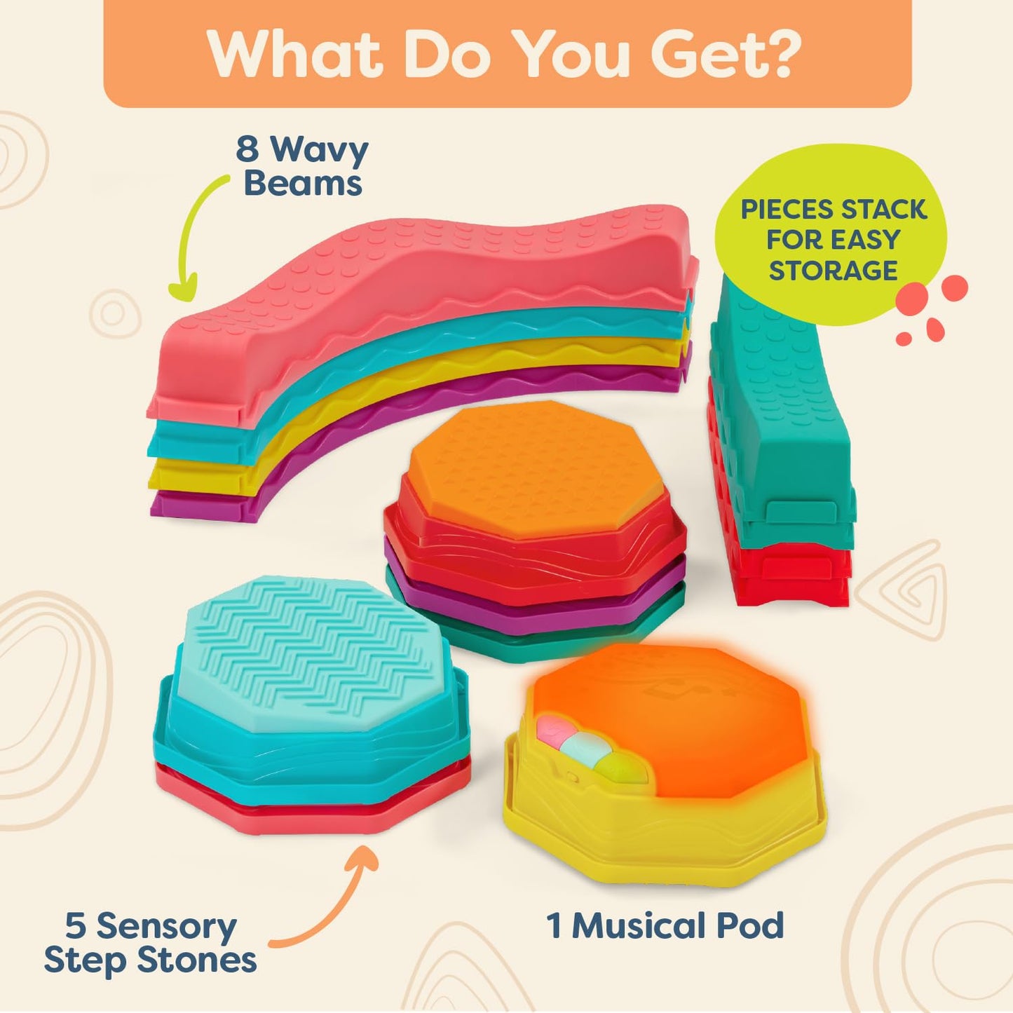 B. toys - Balance & Groove Set - Balance Beam for Kids - Musical Games & Activities - 5 Sensory Stones, 8 Wavy Beams & 1 Musical Pod - Indoor Active Play - 3 Years +