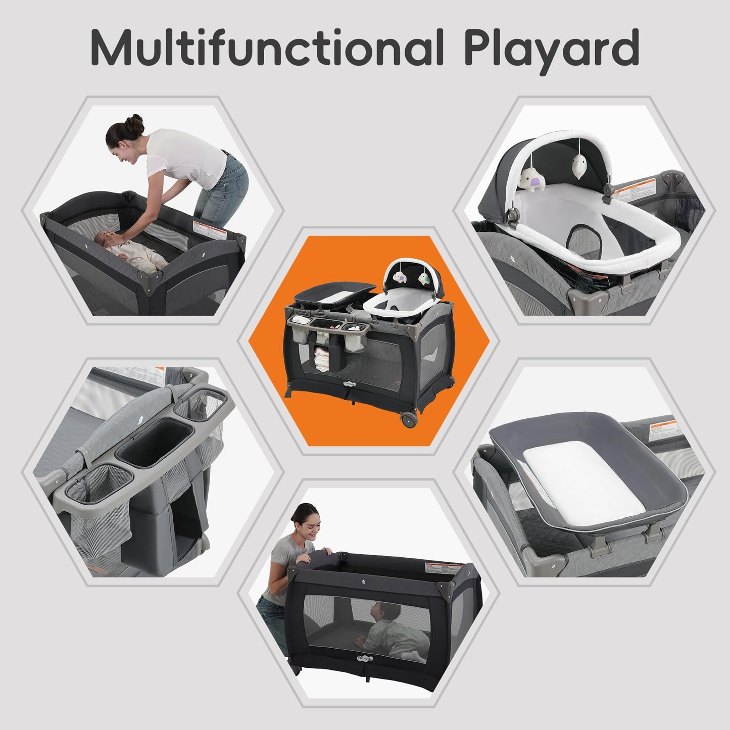 Pamo Babe Pack and Play 4 in 1 Playard Portable Playard Foldable Playpen for Baby and Toddler Portable Crib Mattress Diaper Changer for Newborn (Grey)