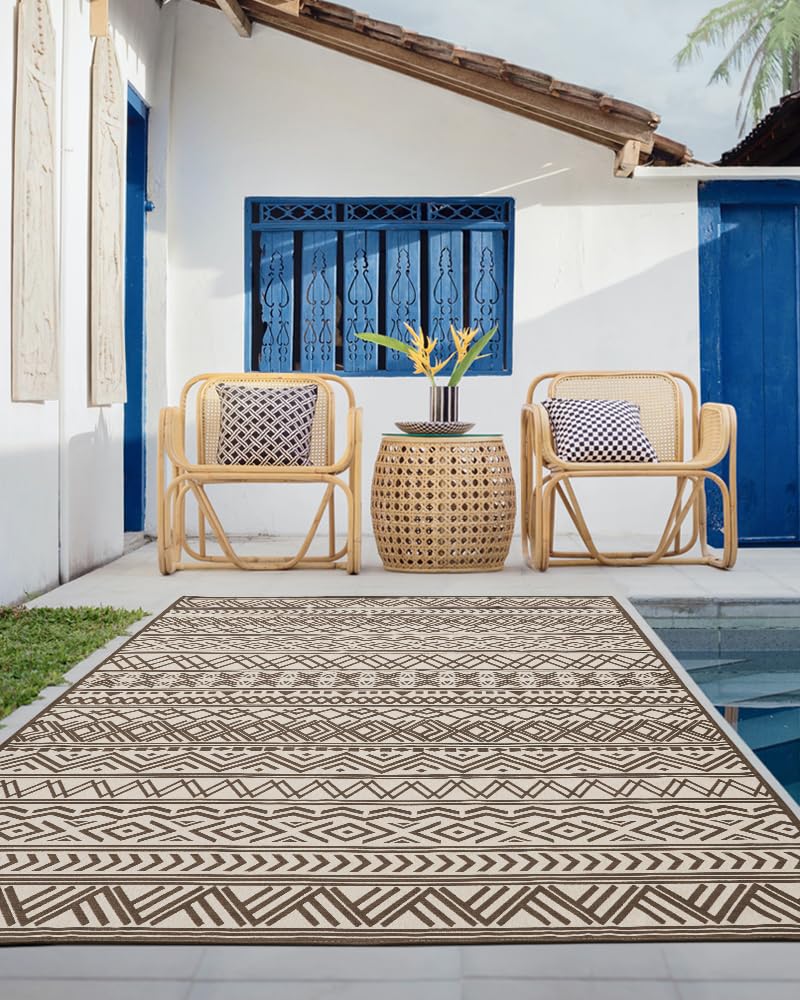 Outdoor Rug Carpet 9x12 ft, Flatweave Textured Outdoor Patio Rug Non Slip Indoor Outdoor Rugs with Rubber Particles Backing Boho Outdoor Area Rug for Patio Deck Front Porch Backyard Balcony, Brown