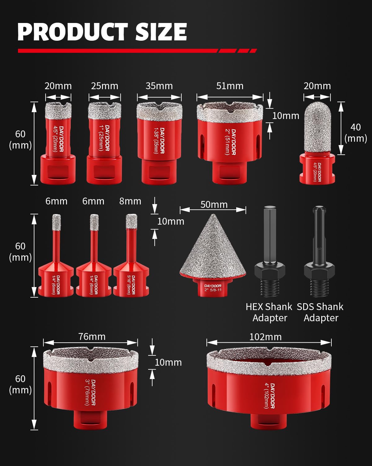 DAYDOOR Diamond Hole Saw Kit, 13-Piece Tile Hole Saw Kit 6/6/8/20/25/35/51/76/102mm, Vacuum Brazed Core Drill Bits for Porcelain Tile, Granite, Marble, Stone