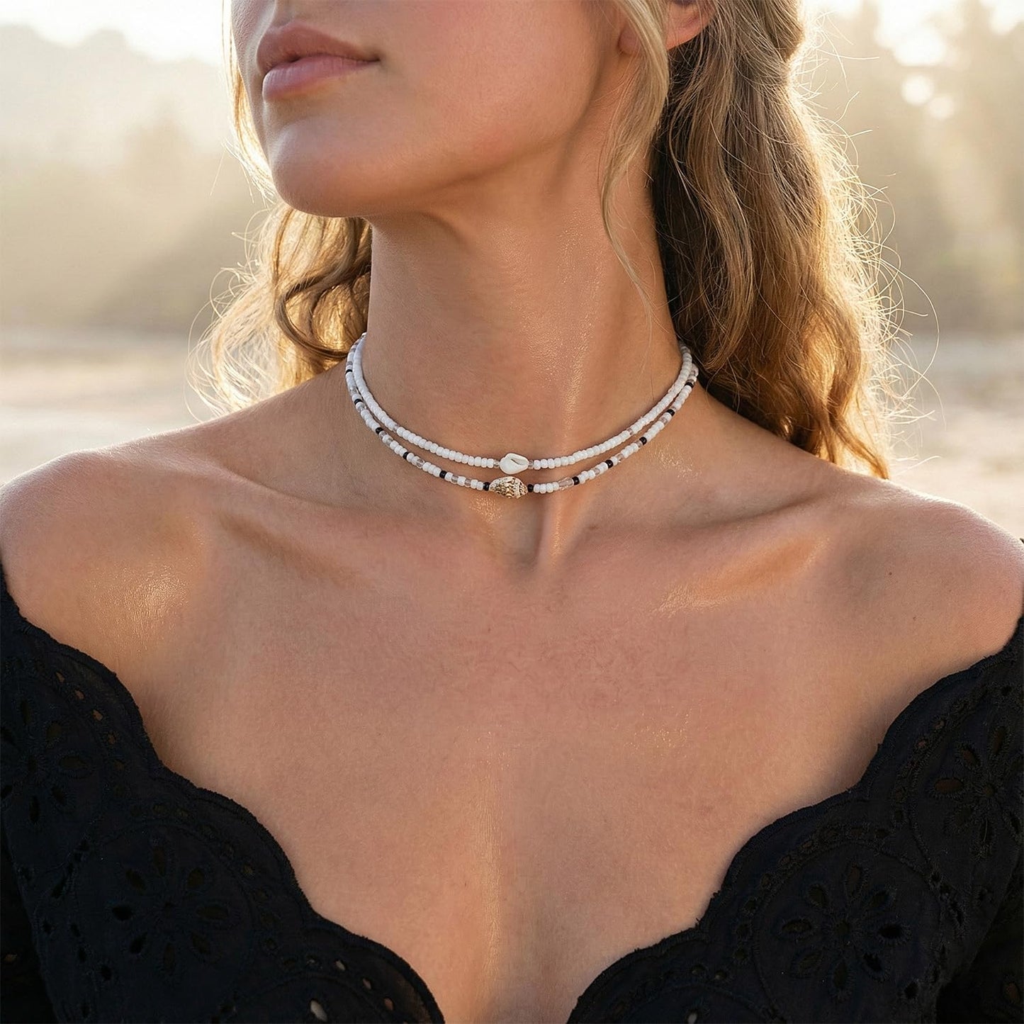 Lameybrt Cowrie Shell Surfer Necklaces, Hawaiian Beach Handmade Choker Set for Women, White Rice Bead with Black Accents, Bohemian Summer Seashell Choker 2 Piece Set, Perfect for Summer Beach Vacation, Birthday, Mother’s Day & Holiday Gifts (Shell 1)