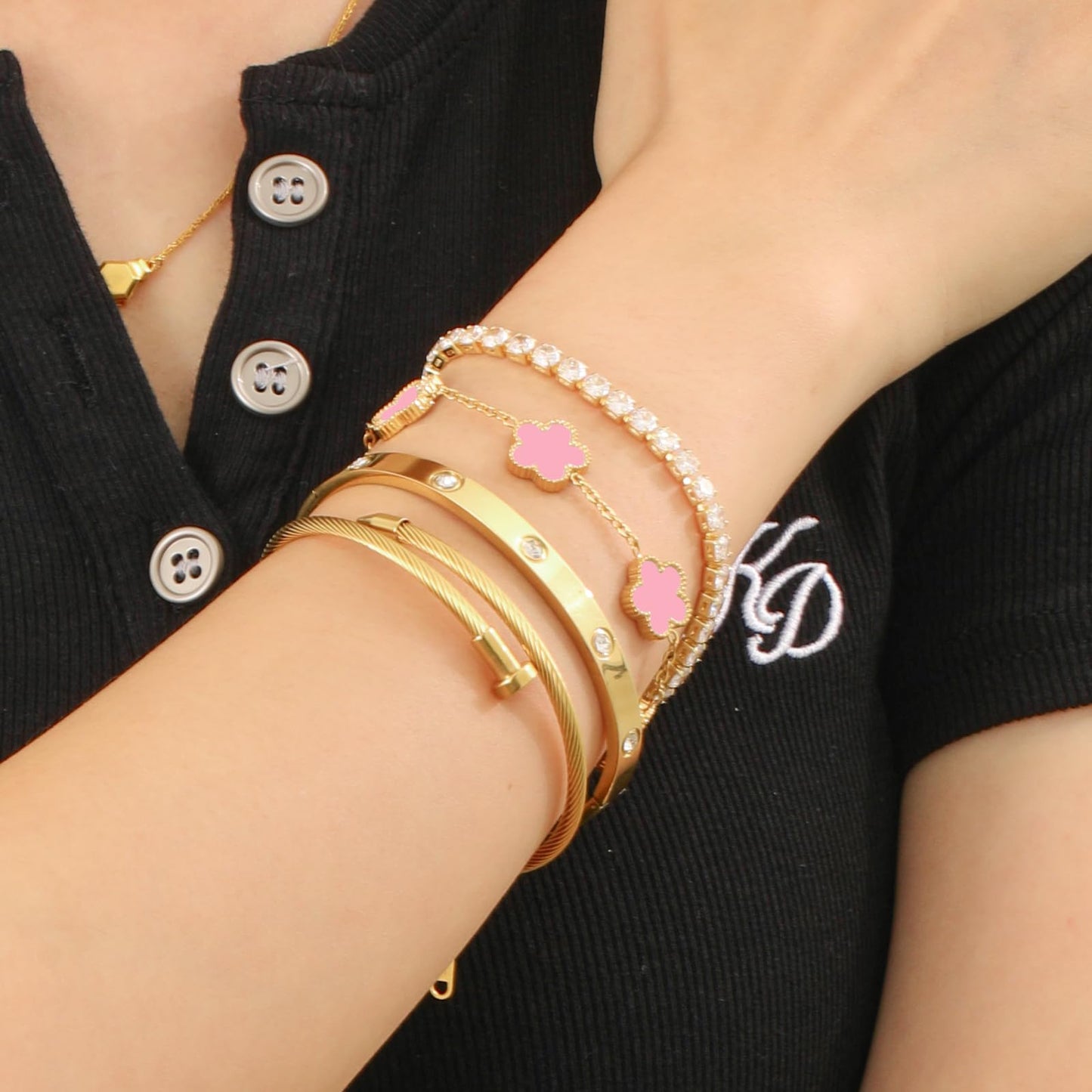 MEIERYA 18K Gold Plated Womens Stackable Floral Bracelets Set,Twisted Cable Bangle,Trendy Jewelry,Waterproof adjustable bracelet,Christmas Birthday Gifts for Girlfriend or Mother. (05-Color-pink)