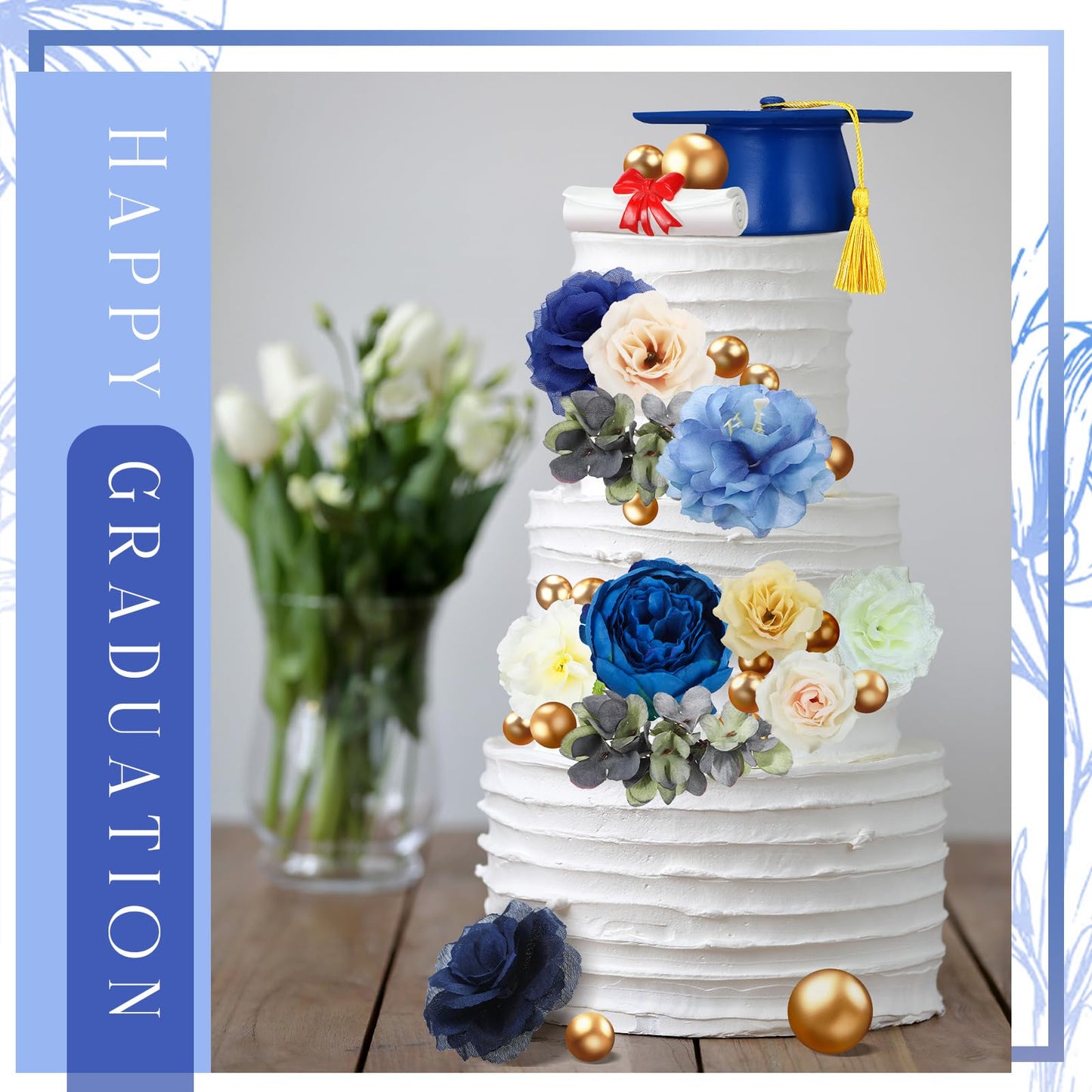 Wavwavw 50 Pcs Resin Graduation Cake Topper Class of 2026 Cap and Diploma Gold Balls Kit Congrats Grad Cake Decorations for Master Graduation Party Middle High School Supplies(Blue)