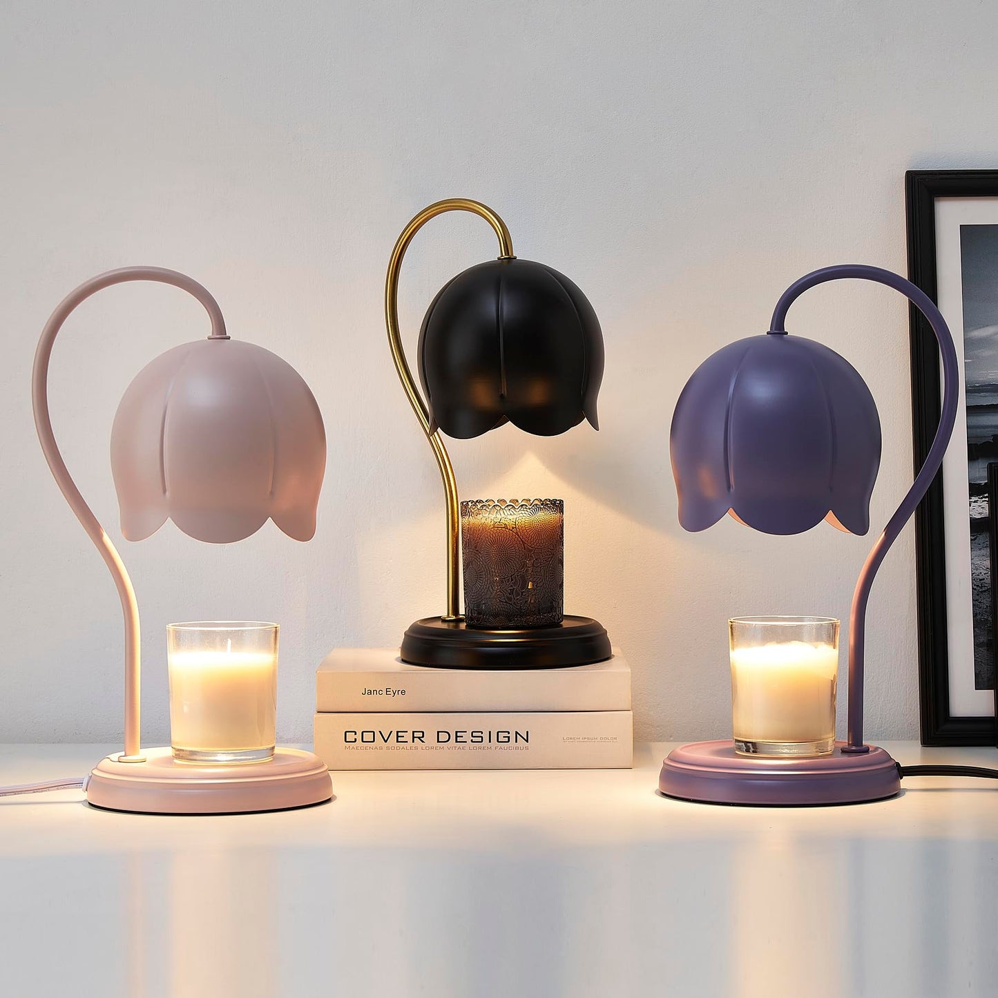 Black Gold Flower Candle Warmer Lamp with Timer Dimmable, Office Decor Elegant Bedroom Scented Wax Light, Christmas Birthday Gifts for Women Man, Large Table Candles Burner