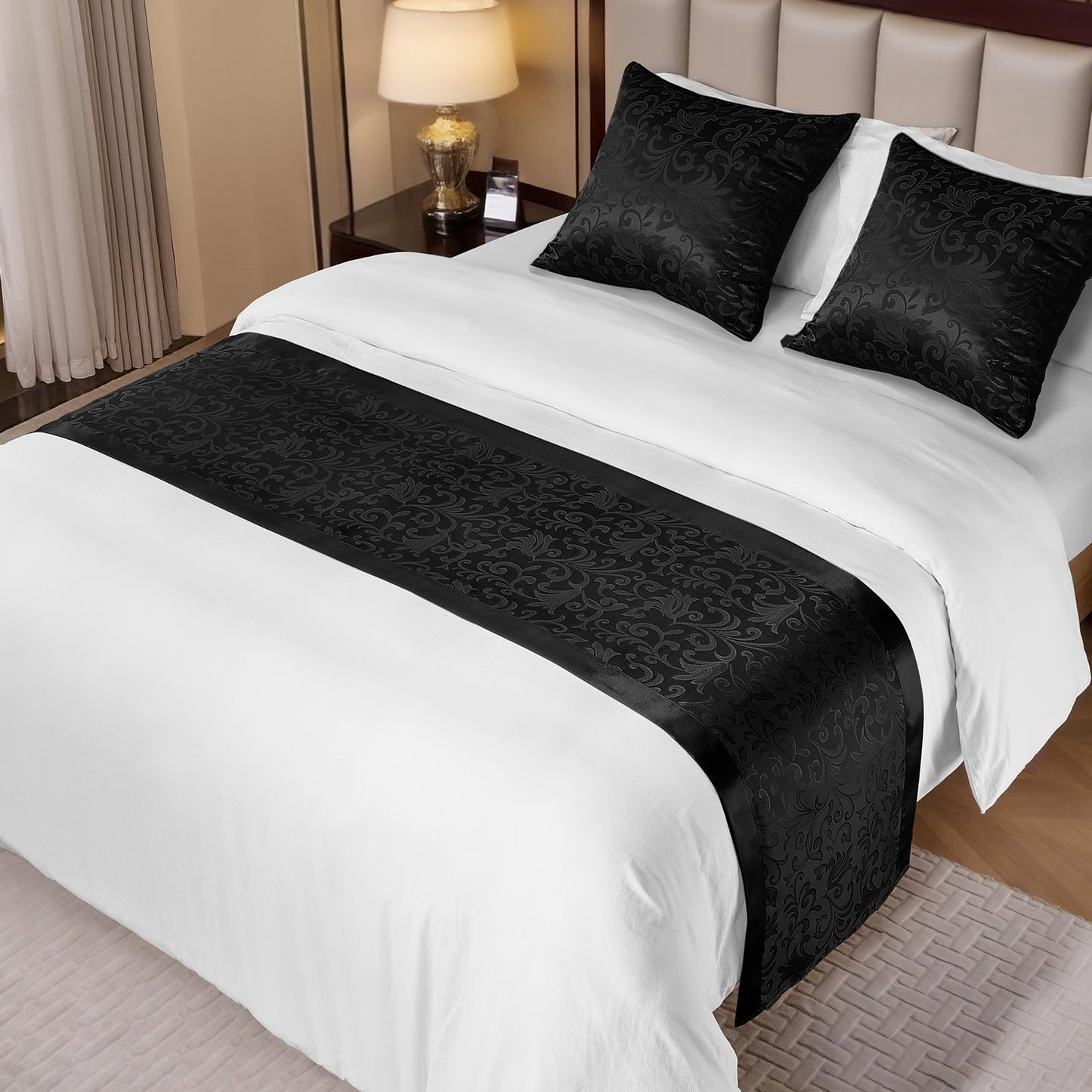 Cobedzy Black Satin Bed Runner for King Size Beds(1.8m), 50 x 240cm(20" x 94") Jacquard Bed Scarf Satin Bedding Scarves for Hotel, Home, Guesthouse