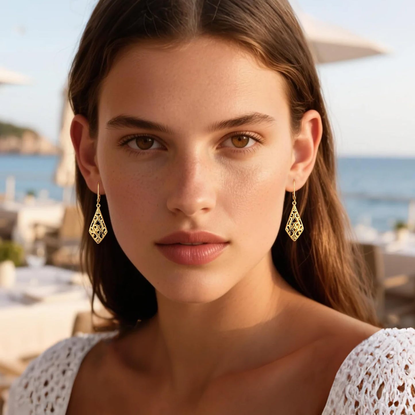 14K Gold Dangle Earrings for Women, Geometric Filigree Dangling Leverback Earrings, Gold Hypoallergenic Lightweight Dangly Drop Earings for Women Trendy Jewelry Gifts