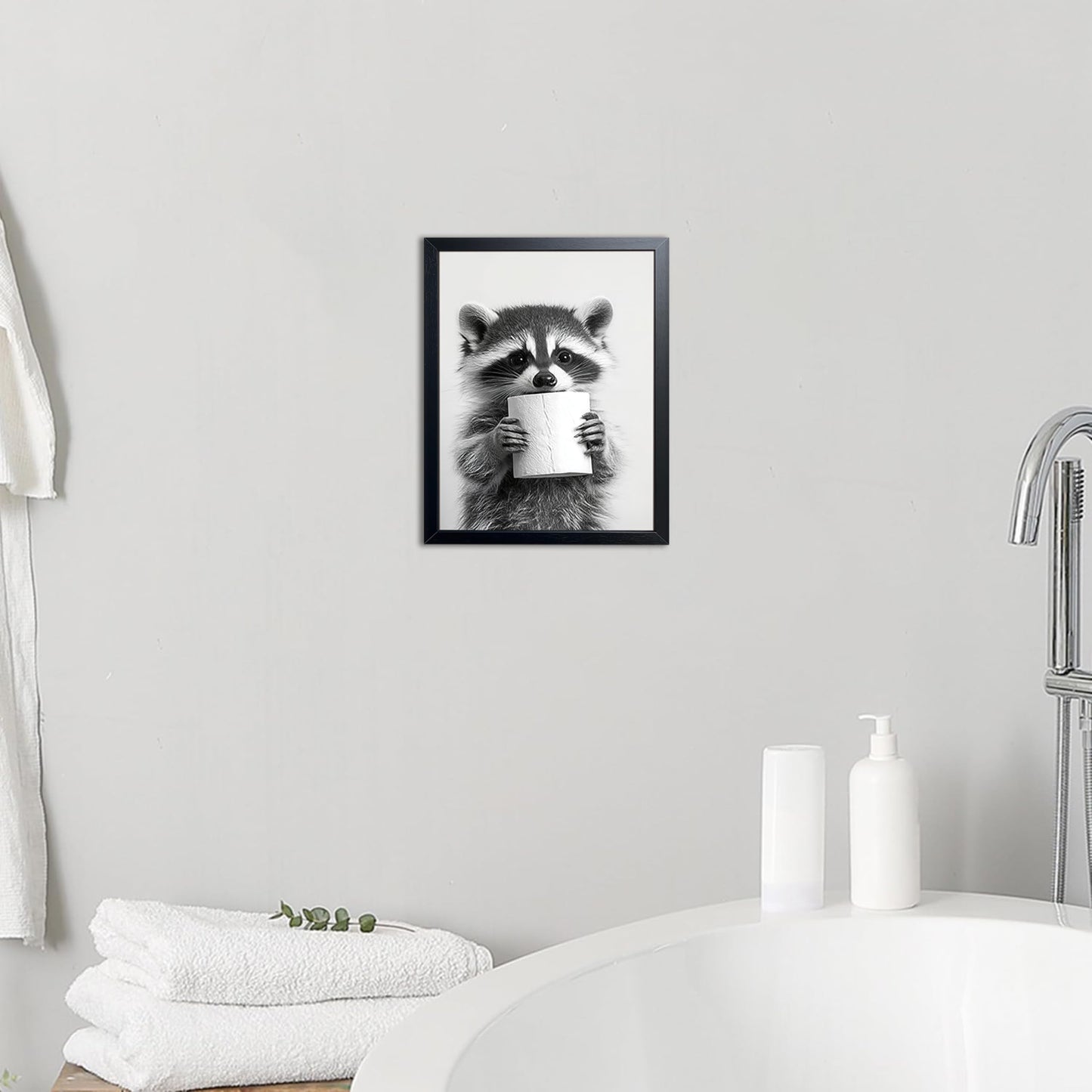 XYHYRA Bathroom Wall Art, Cute Black and White Raccoon Canvas Prints Poster, Funny Animal Decor Oil Painting, Modern Farmhouse Picture Artwork for Bathroom Toilet Wall Decor 8x10 Inch Framed
