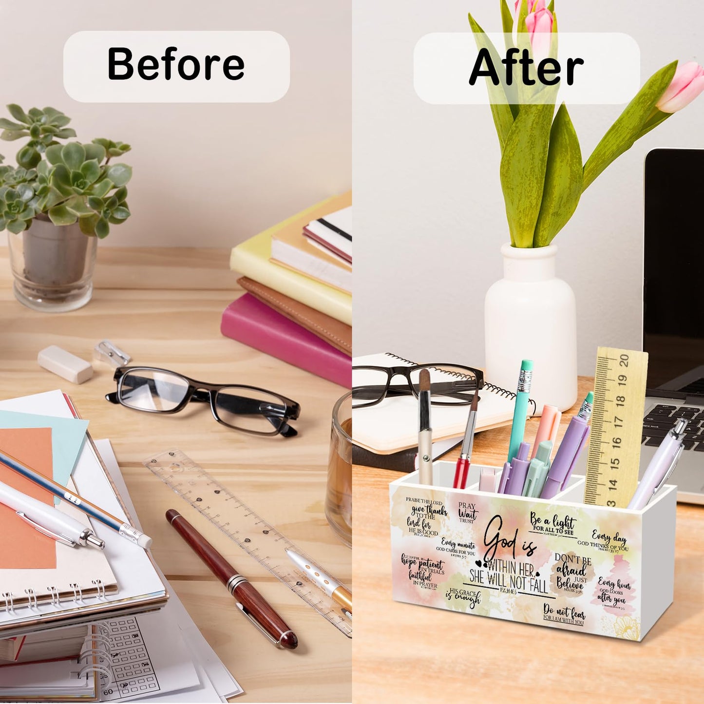 nvucamd Religious Bible Gifts Pen Holder for Desk Women, Christian Religious Office Desk Accessories, Christian Inspirational Pencil Holders Organizer for Classroom,God Is Within Her She Will Not Fall