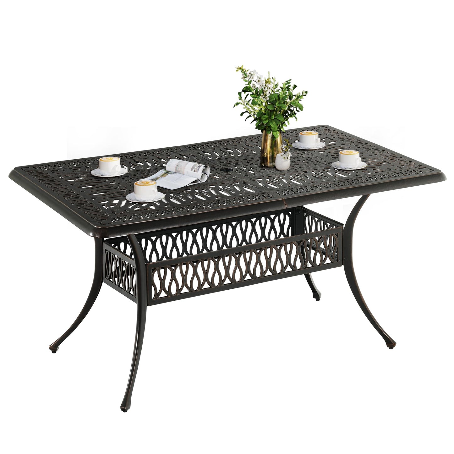 DWVO Cast Aluminum Outdoor Dining Table, 59'' Patio Table w/Max Bearing 220 LBS, Patio Dining Table with 2" Umbrella Hole and Adjustable Foot Pads for Garden, Backyard, Deck and Patio, Bronze