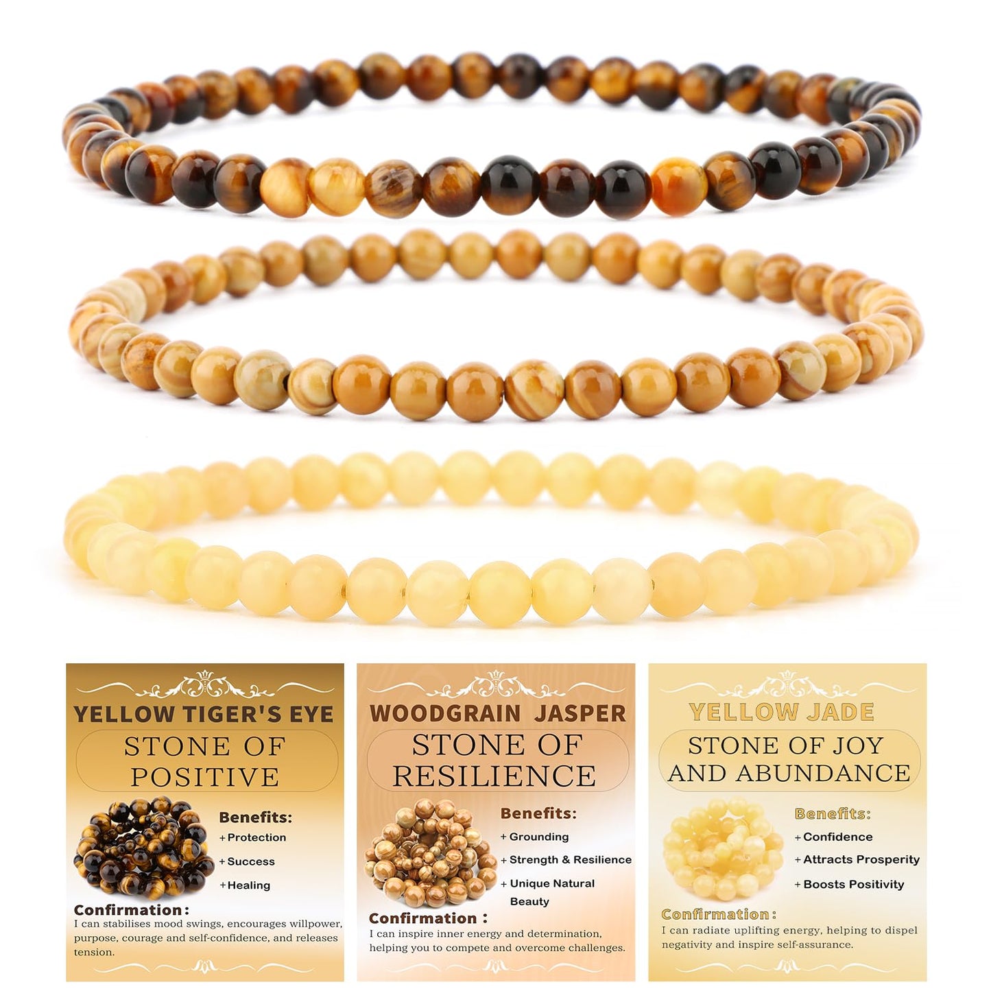 NCB 3-Piece 4mm Natural Crystal Gemstone Stretch Bracelets – ﻿Woodgrain Jasper, Yellow Jade, Yellow Tiger's Eye Handmade Reiki Energy Healing Jewelry for Meditation,Yoga, Unisex