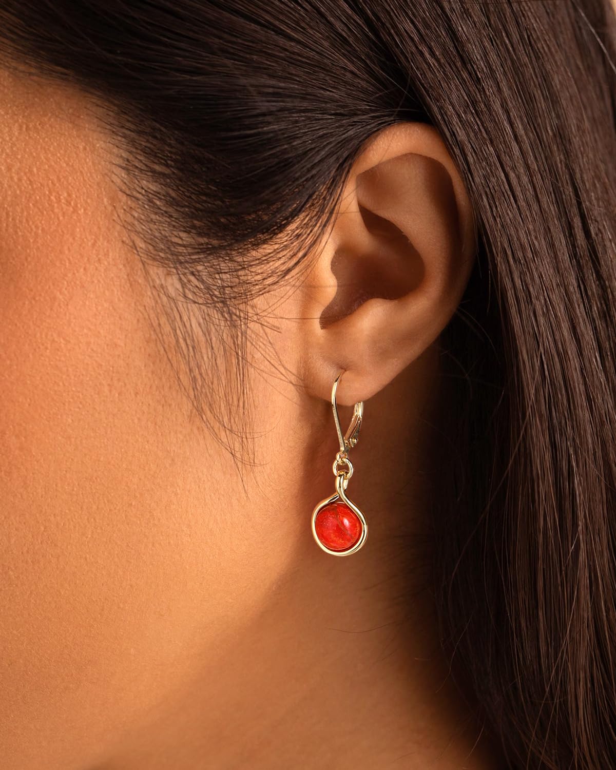 AIBAO Red Coral Earrings for Women Round Cut Red Gemstone Leverback Earrings Western Boho Jewelry Sterling Silver Coral Dangle Earrings