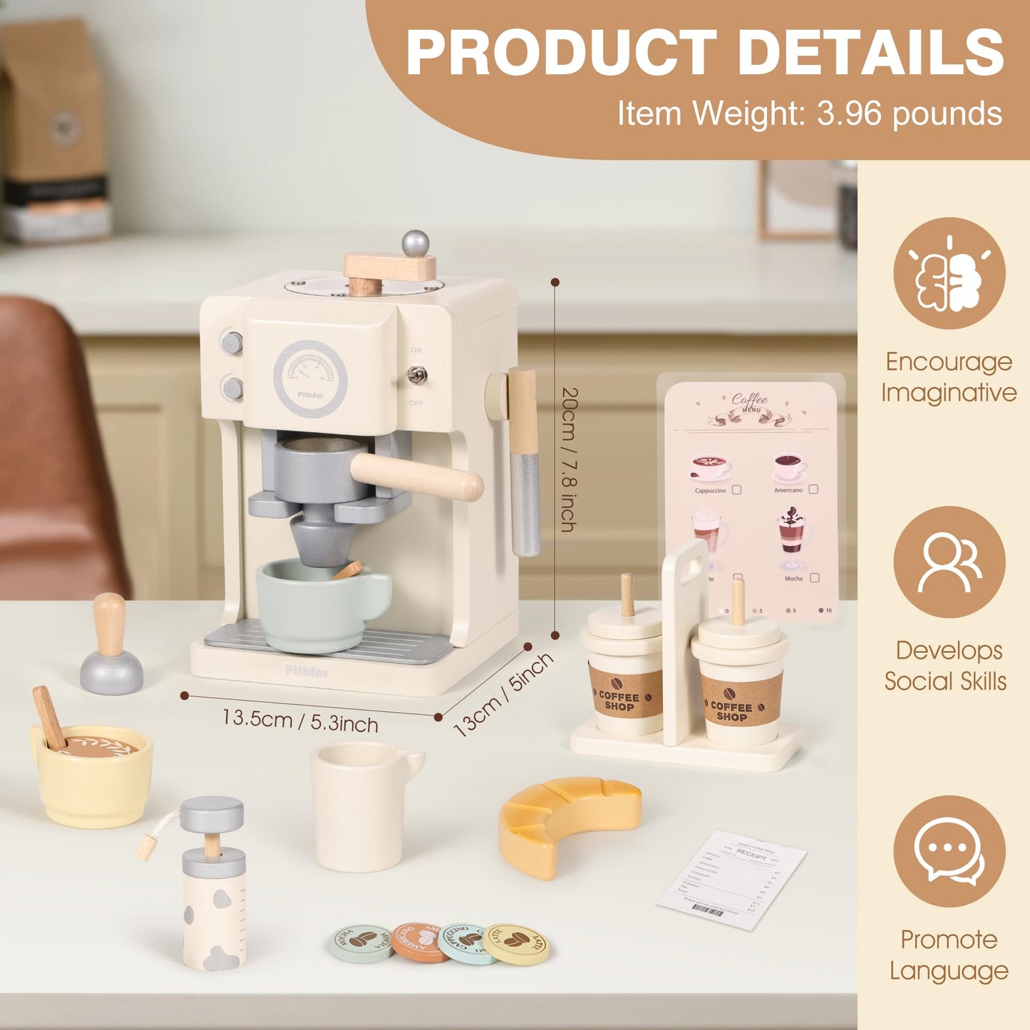 Pithfor Kids Wooden Coffee Playset with Grinder, Toy Coffee Maker for Kids Toddlers, Pretend Play Kitchen Appliances & Accessories Toy Gift for Boys Girls