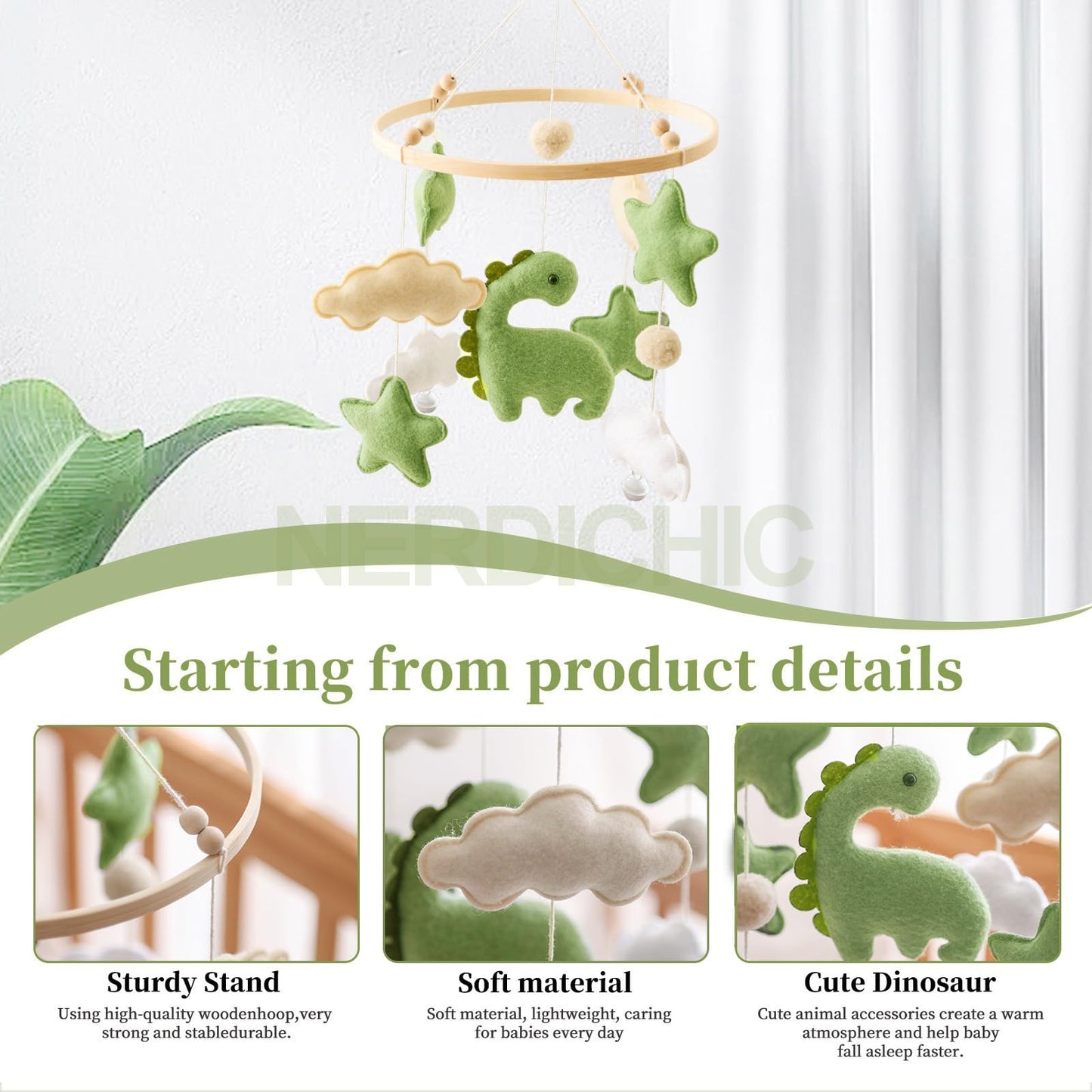 Baby Crib Mobile for Boys Girls, Nursery Decor Mobile for Bassinet, Gender Neutral Mobile Crib Accessories for Infant Bedroom Hanging Newborn Gift - Dinosaur Diplodocus, Cloud, Stars