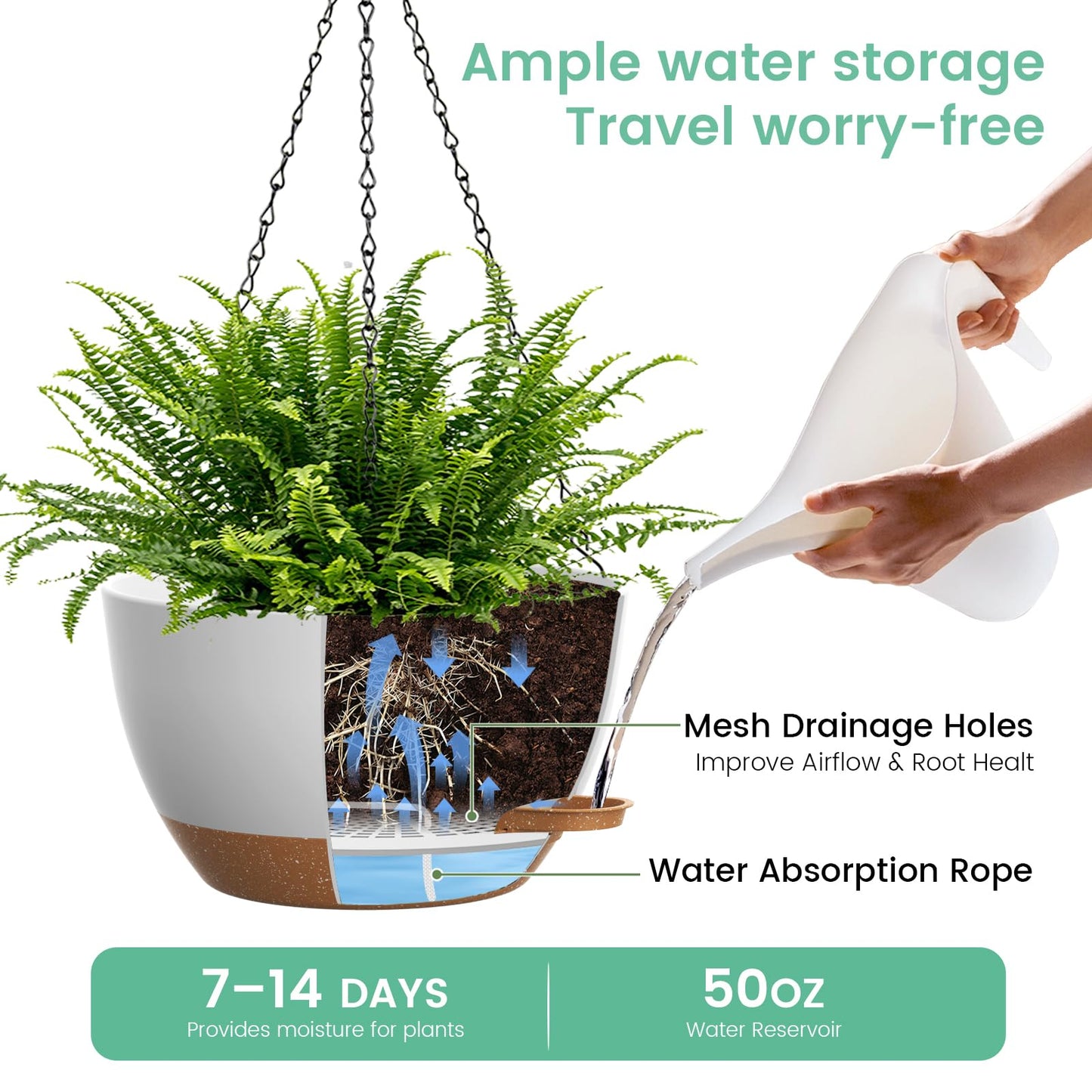 UOUZ 13 Inch 2 Pack Large Self Watering Hanging Planters for Indoor Outdoor Plants, Hanging Plant Pots with Removable 50 Oz Reservoir, Plastic Hanging Basket for Window Porch Garden, White with Brown