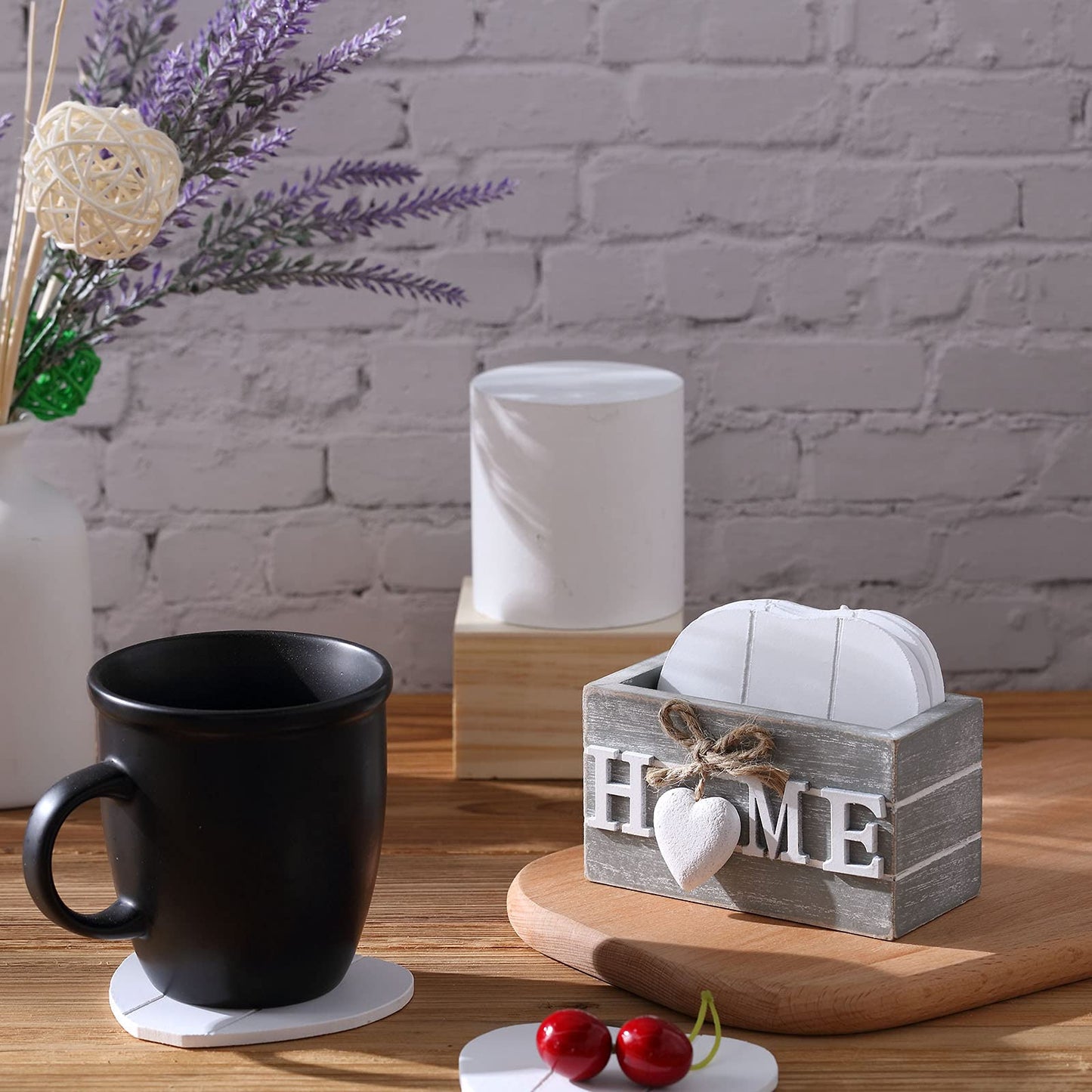 Patelai Set of 6 Wooden Heart Coasters House Warming Gifts New Home White Elephant Gifts for Adults Funny Farmhouse Coasters with Holder for Coffee Table Protection Decoration(Home,Grey)