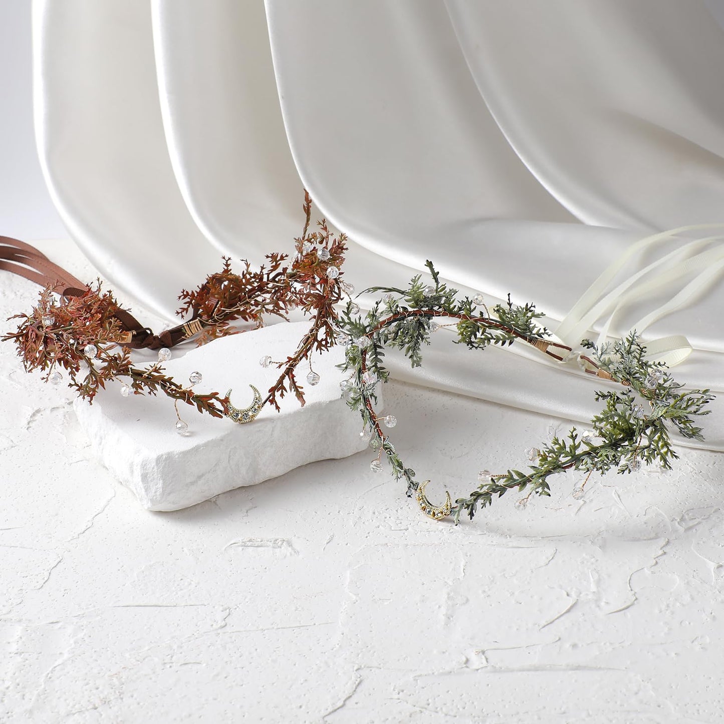MOSTORY Green Flower Fairy Crown - Elf Crown Headpiece for Woodland Renaissance Costume Women, Floral Forest Circlet with Rhinestone for Renfaire Cosplay Photo Shoot