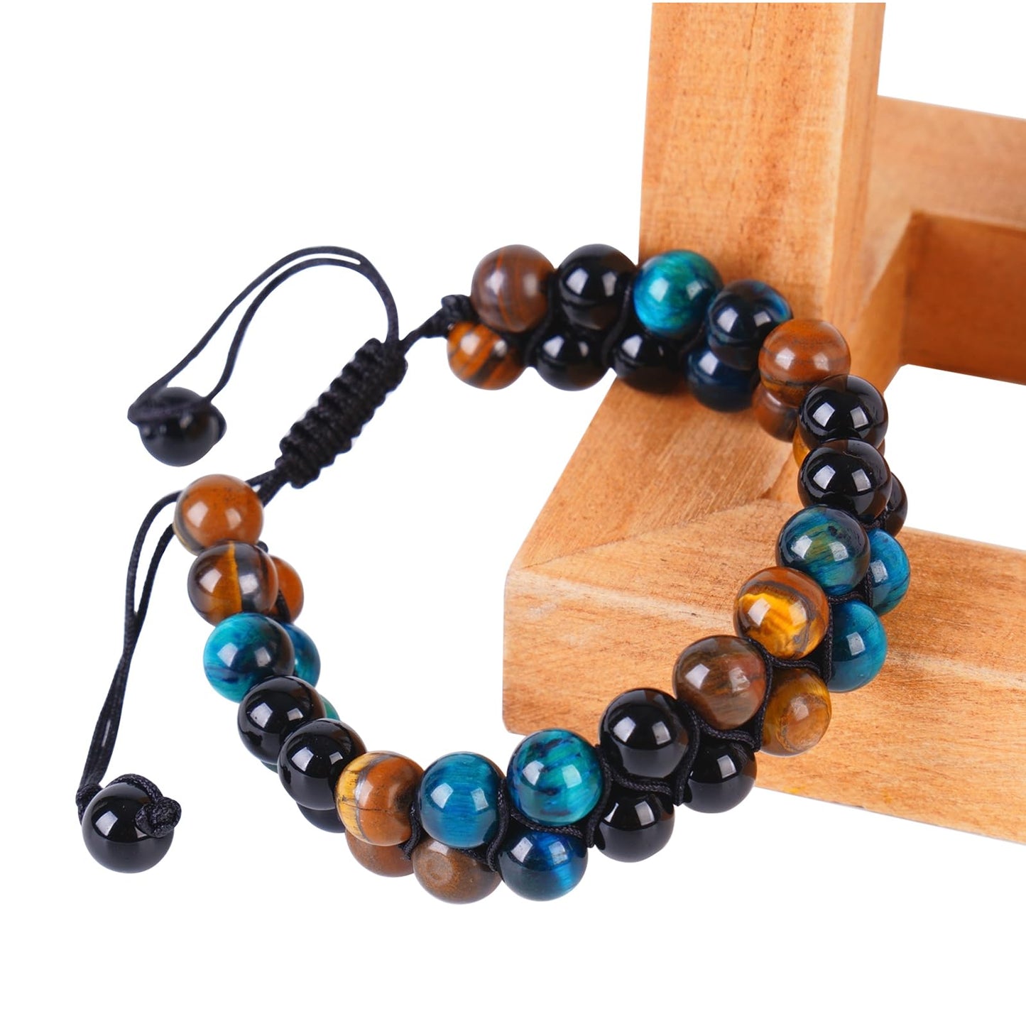 PAKUNDAS Handmade Triple Protection Bracelet,Bracelets for Men Natural Tiger Eye Jewelry Stone Hematite and Blue Stone Hematite 8mm Crystal Bracelet - Adjustable Size with Premium Gift-Box