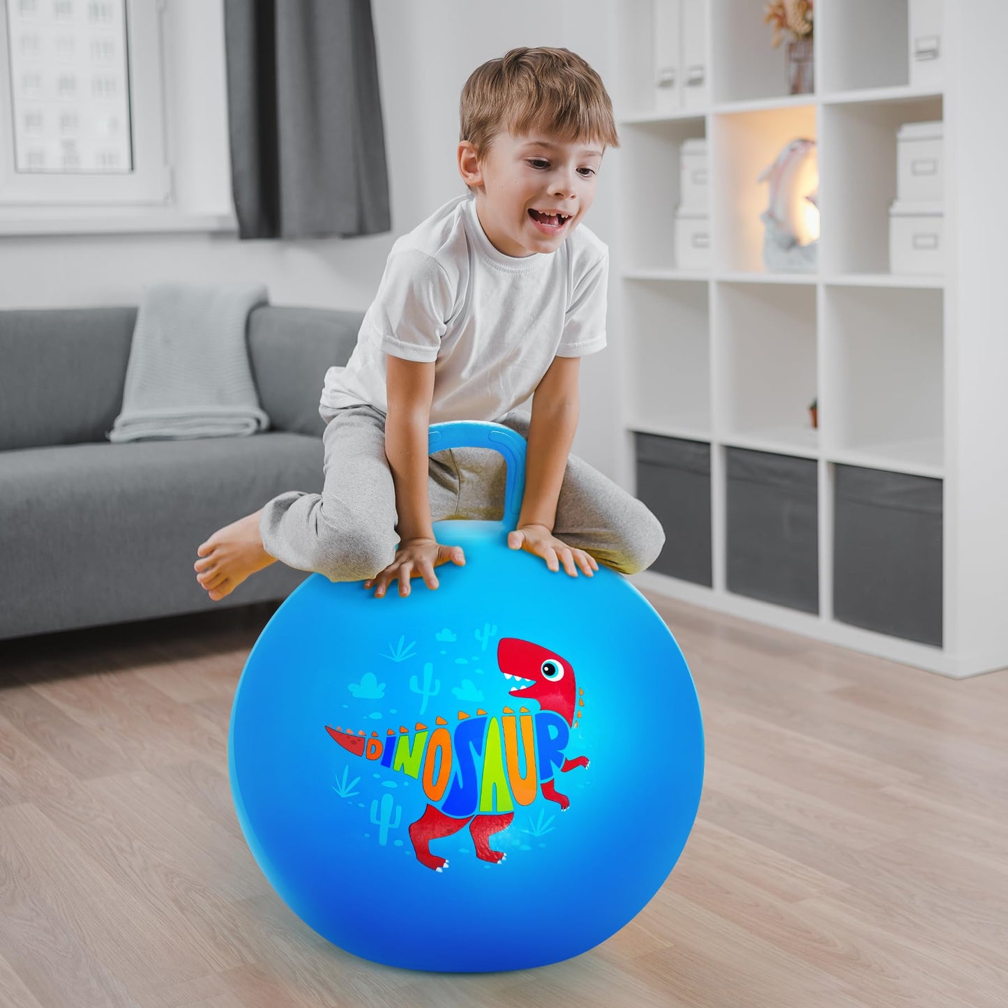 ZOOJOY Hopper Ball for Kids,18Inch Bouncy Ball with Handle - Blue Dinosaur Toys for 3-8 Years Old Boys Girls with Pump, Inflatable Toddler Bouncer Gifts for Indoor Outdoor Active Play