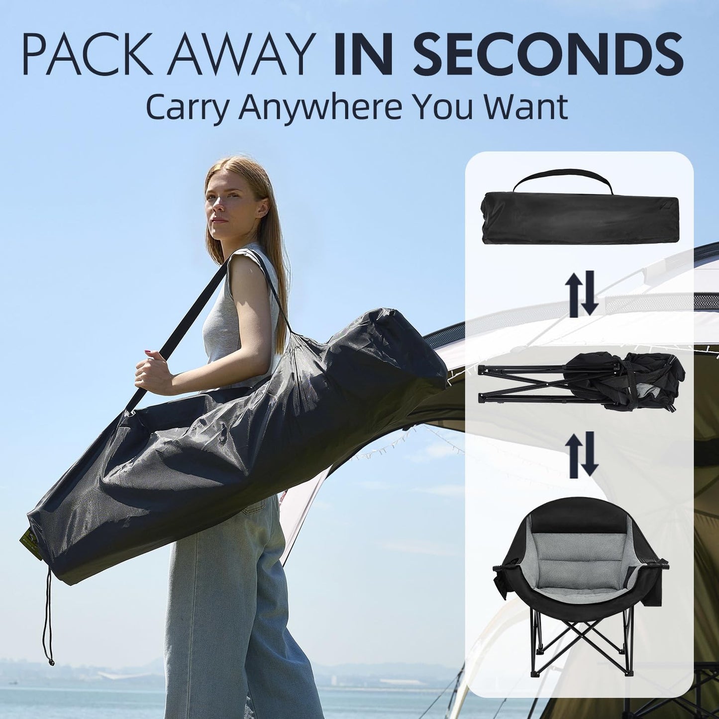 Oversized Camping Chairs for Adults - Heavy Duty Padded Outdoor Folding Lawn XL Camp Chair with Cup Holder Cooler Pockets for Outside Sports Beach Fishing Garden Portable Supports 500lbs, Black
