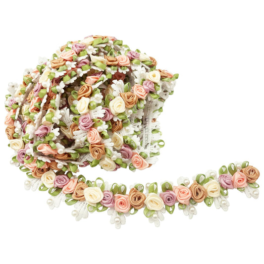 3Yards Flower Lace Edge Trim Vintage Ribbon Rose Pearl Beads Fabric Embroidered Applique for Sewing Bridal Dress Party Clothes Wedding Decoration Crafts DIY (#1 Multicolored)