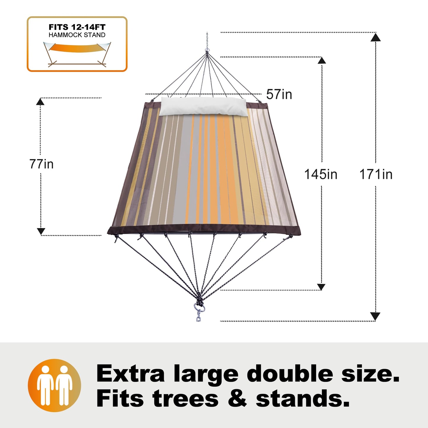 GAFETE 14ft 2 Person Hammock for Outside, Quick Dry Textilene, Portable Hammocks Without Stand with Folding Steel Spreader Bar, Carrying Bag, Tree Straps, Pillow & Sidebag, 550 lbs Capacity (Coffee)
