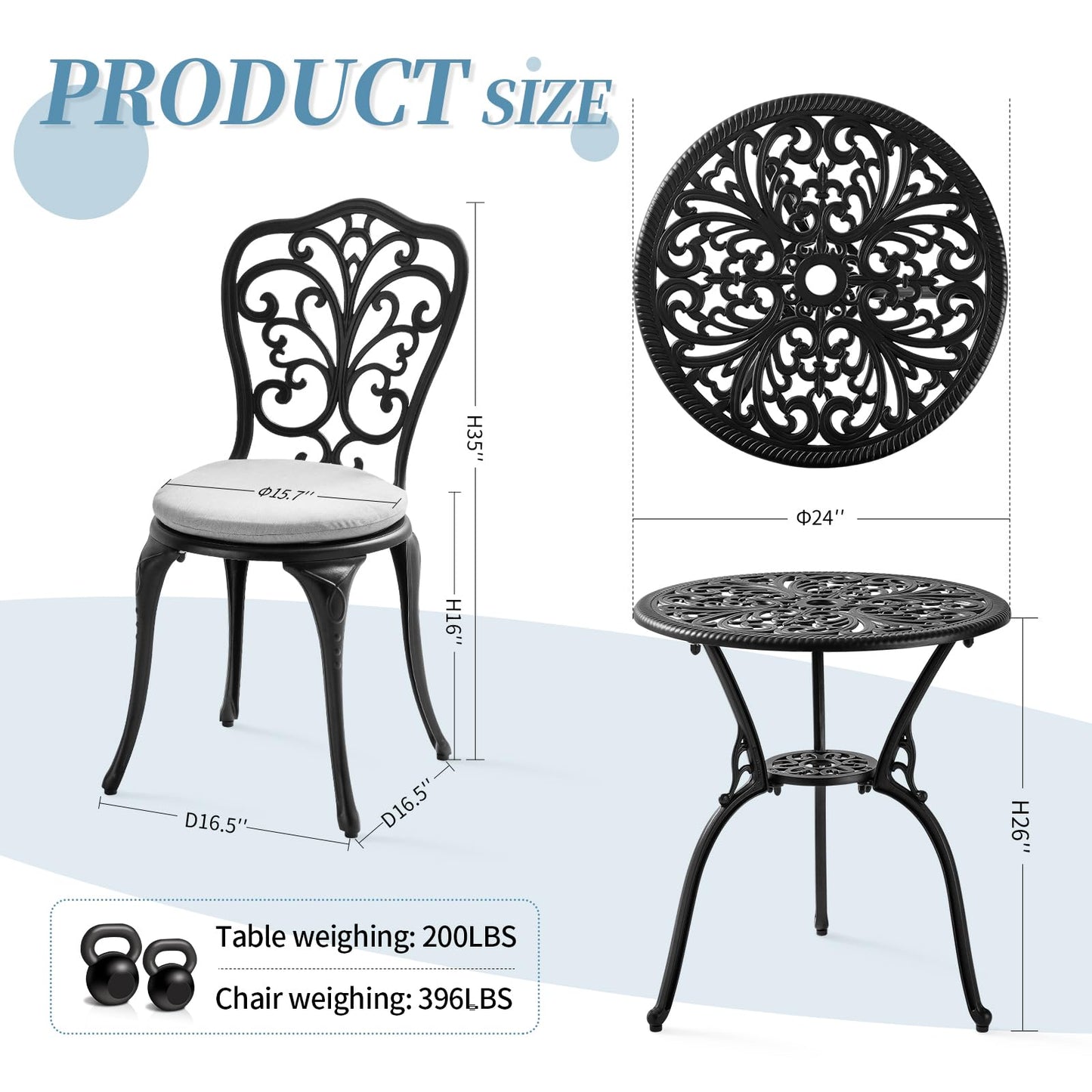 Withniture Patio Bistro Set 3 Piece with Cushions, All Weather Bistro Table and Chairs Set of 2 with Umbrella Hole, Outdoor Bistro Set, Cast Aluminum Patio Furniture Set for Garden Porch, Black